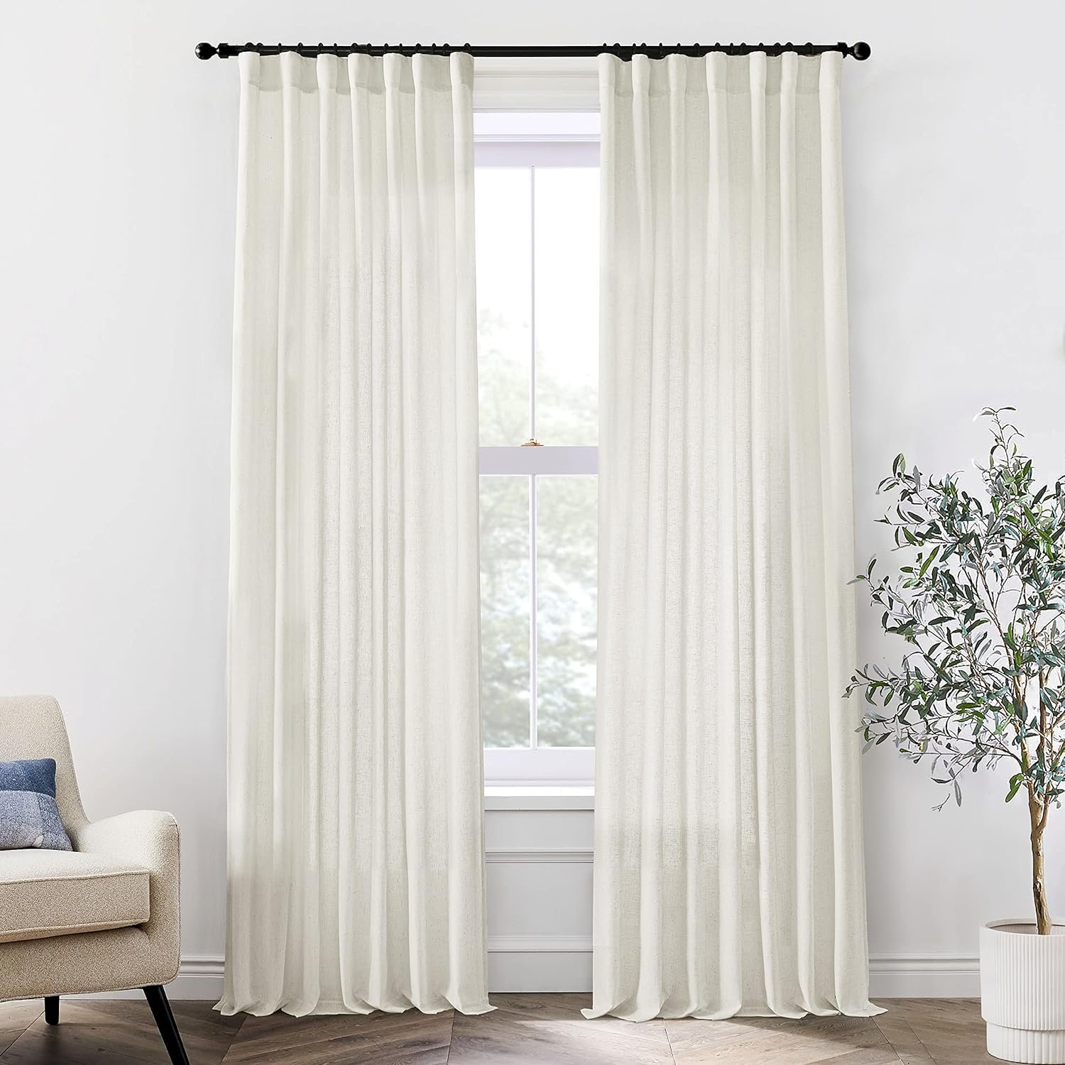 XTMYI 90 Inches Long Sheer Linen Curtains 2 Panels Set,Hook Tape Back Tab Semi Sheer Cotton Blend Fabric Modern Cottage Core Cottagecore Curtain Drapes for Living Room Bedroom,50×90 in Length