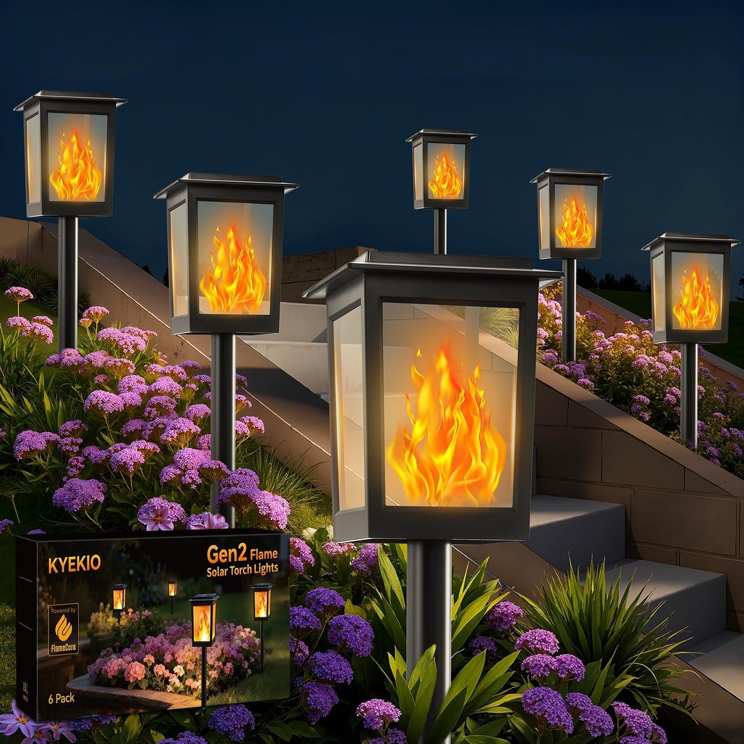 KYEKIO Large Size & Gen2 Flickering Flame Solar Torch Lights, 6Pack Solar Lights Outdoor Waterproof for Outdoor Decor, Garden Lights Solar Powered, Tiki Torches for Outside Pathway Patio Yard Décor