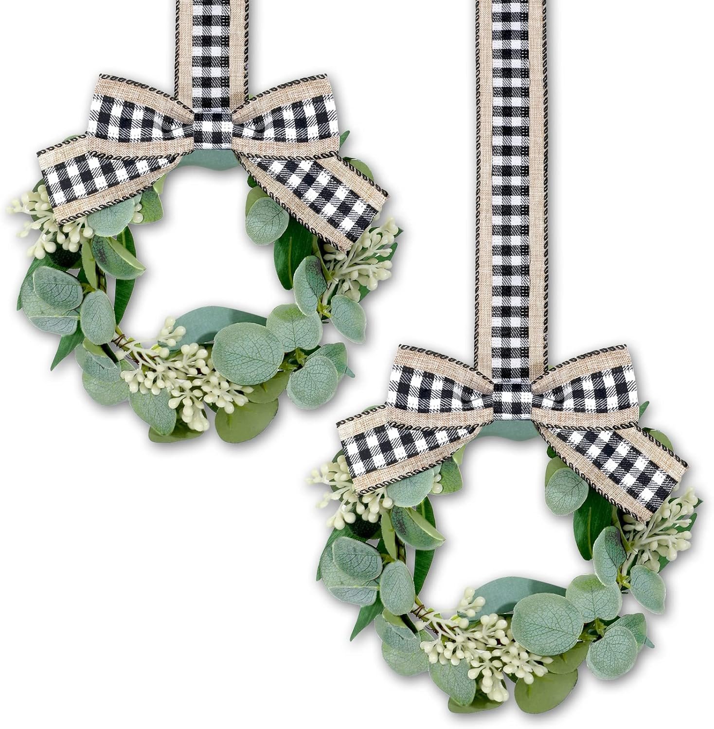 Syhood 2 Pieces 9″ Mini Eucalyptus Wreath Artificial Spring Summer Greenery Wreath for Front Door Farmhouse Kitchen Cabinet with Ribbon for Porch Wall Window Decor(Plaid Bow Style)
