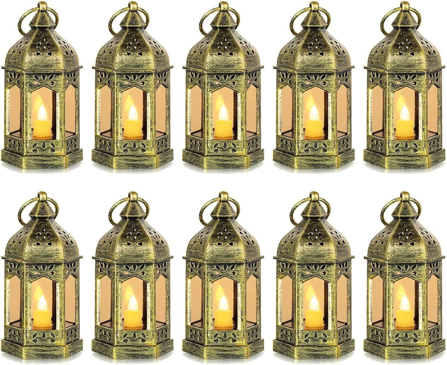 Mini Lantern with Flickering LED Candles Set of 10, Hewory Gold Vintage Decorative Hanging Candle Lanterns for Halloween, Christmas, Wedding Decorations, Party, Table Centerpiece, Battery Included