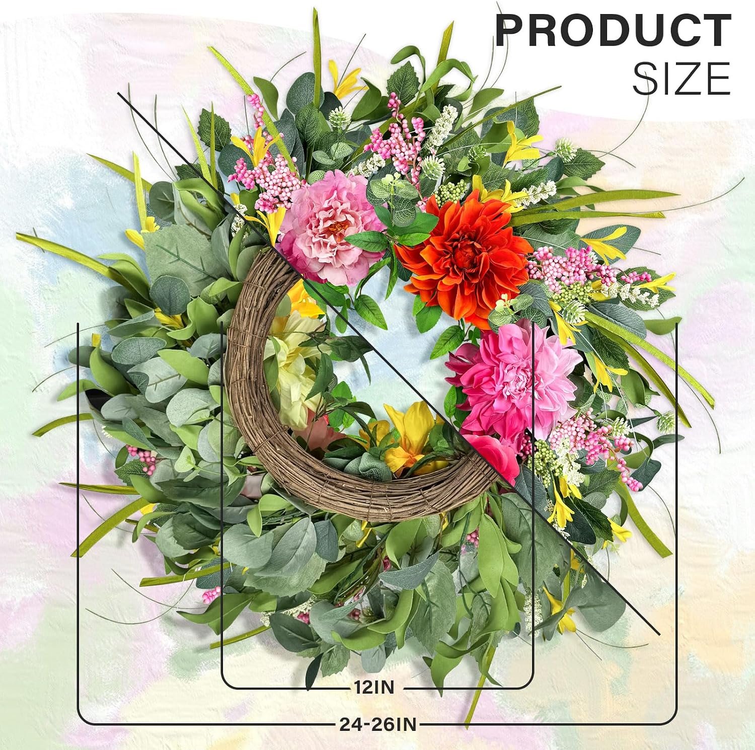 ICX 24″ Summer Wreaths for Front Door, Large Floral Door Wreath with Peony Rose Dahlia, Artificial Spring Summer Wreath All Season Farmhouse Window Wall Porch Mantel Decor