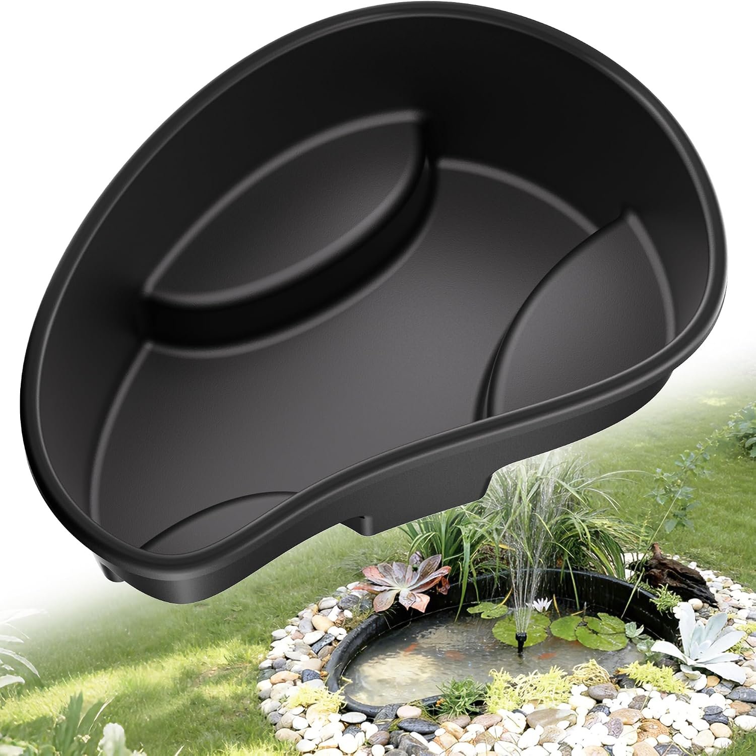 Preformed Pond Liner, 33 Gallon Rigid Plastic Pond Tub Heavy Duty U-V Resistant Basin with Integrated Plant Shelves for Backyard, Garden and Patio Landscaping P797