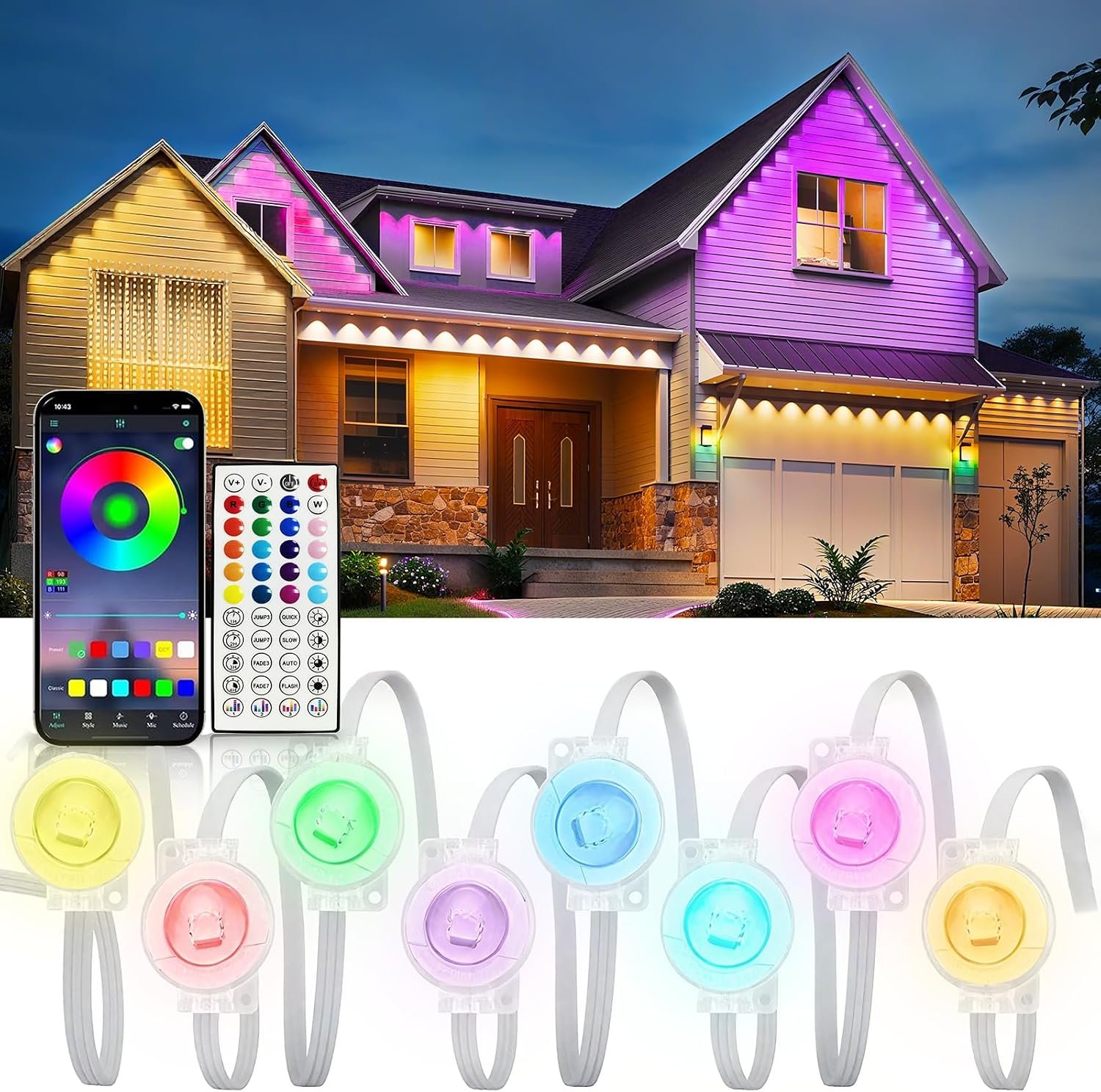 Permanent Outdoor Lights 50FT, IP67 Smart RGB Eave Lights for House | Create colorful roofline displays with app and remote control for Christmas, Halloween, parties, and everyday outdoor décor.