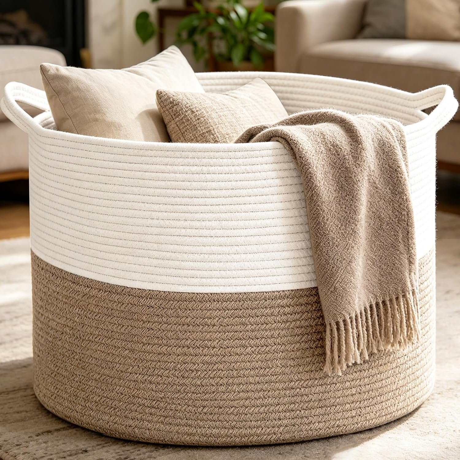 Large Woven Blanket Basket,65L Cotton Rope Laundry Basket | Collapsible Nursery Storage Bin with Sturdy Handles, Organizes Clothes, Toys and Pillows for Living Room, Bedroom, Bathroom