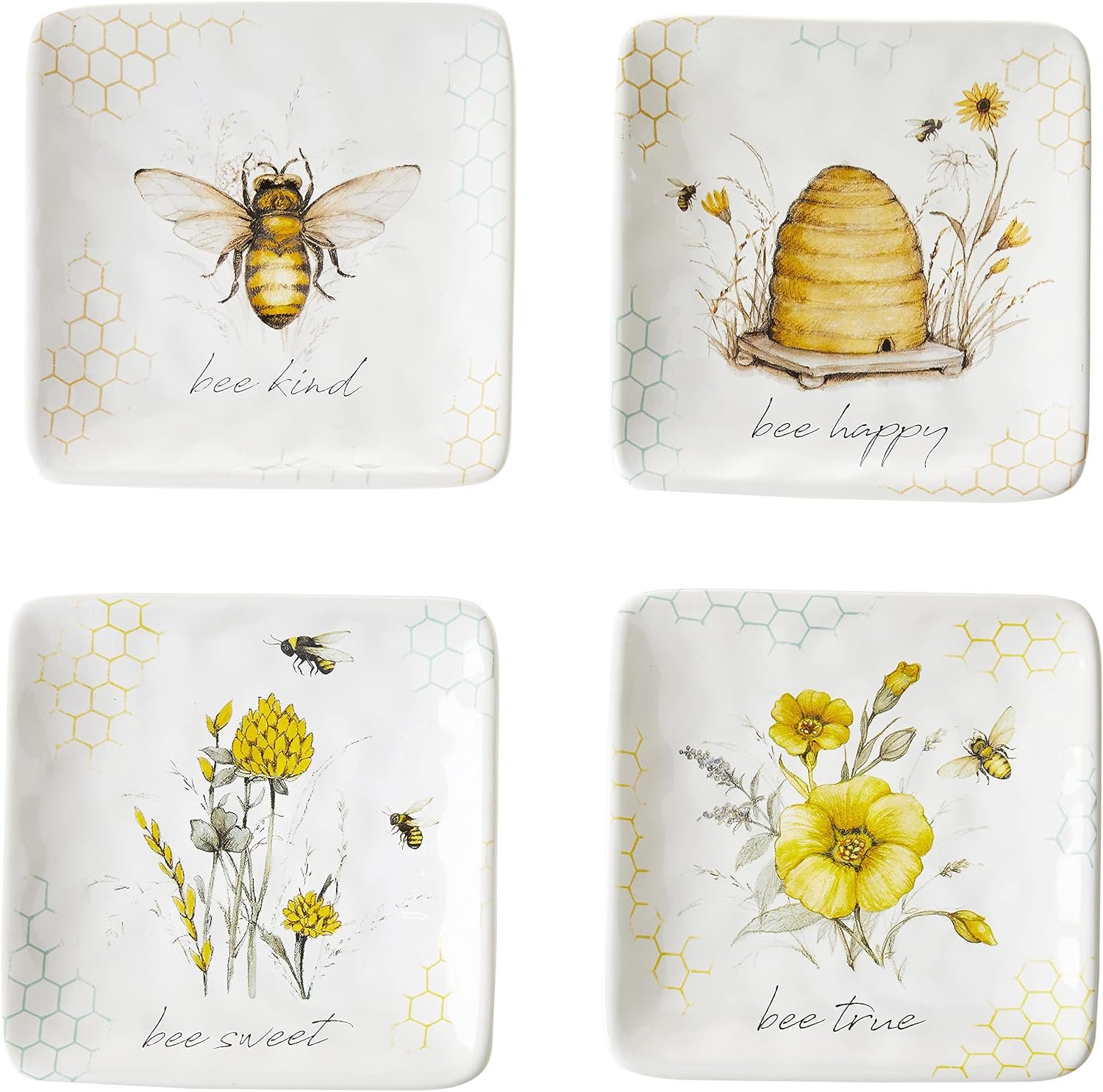 Bee Sweet 6″ Canapé & Luncheon Plates, Set of 4 – Assorted Bee & Floral Designs with Uplifting Sayings, Durable Ceramic Appetizer Plates for Spring Entertaining & Cottagecore Décor