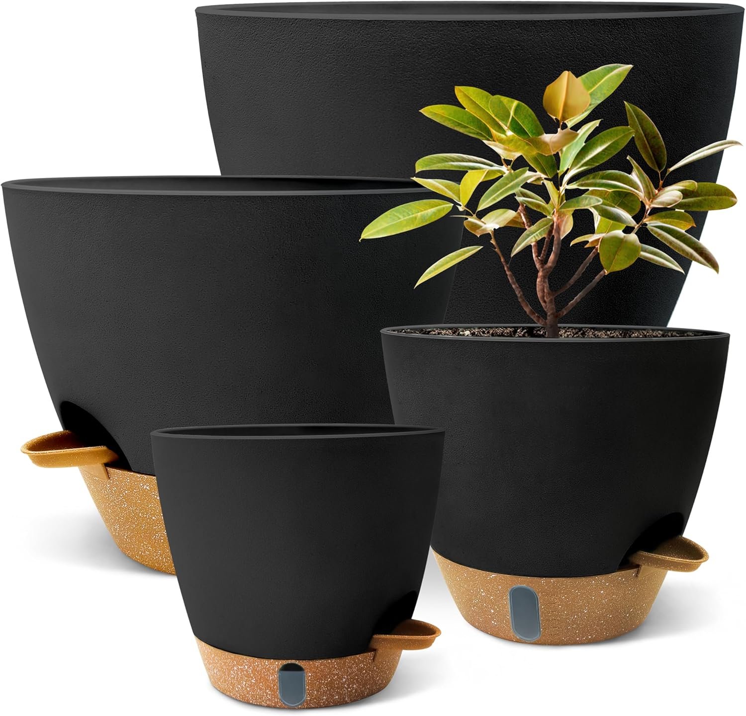 12″/10″/9″/8″ Self Watering Pots with Visual Water Window,Extra Large Self Watering Plant Pots with Drainage Holes & Saucers,Black Planters for Indoor Plants,4-Pack