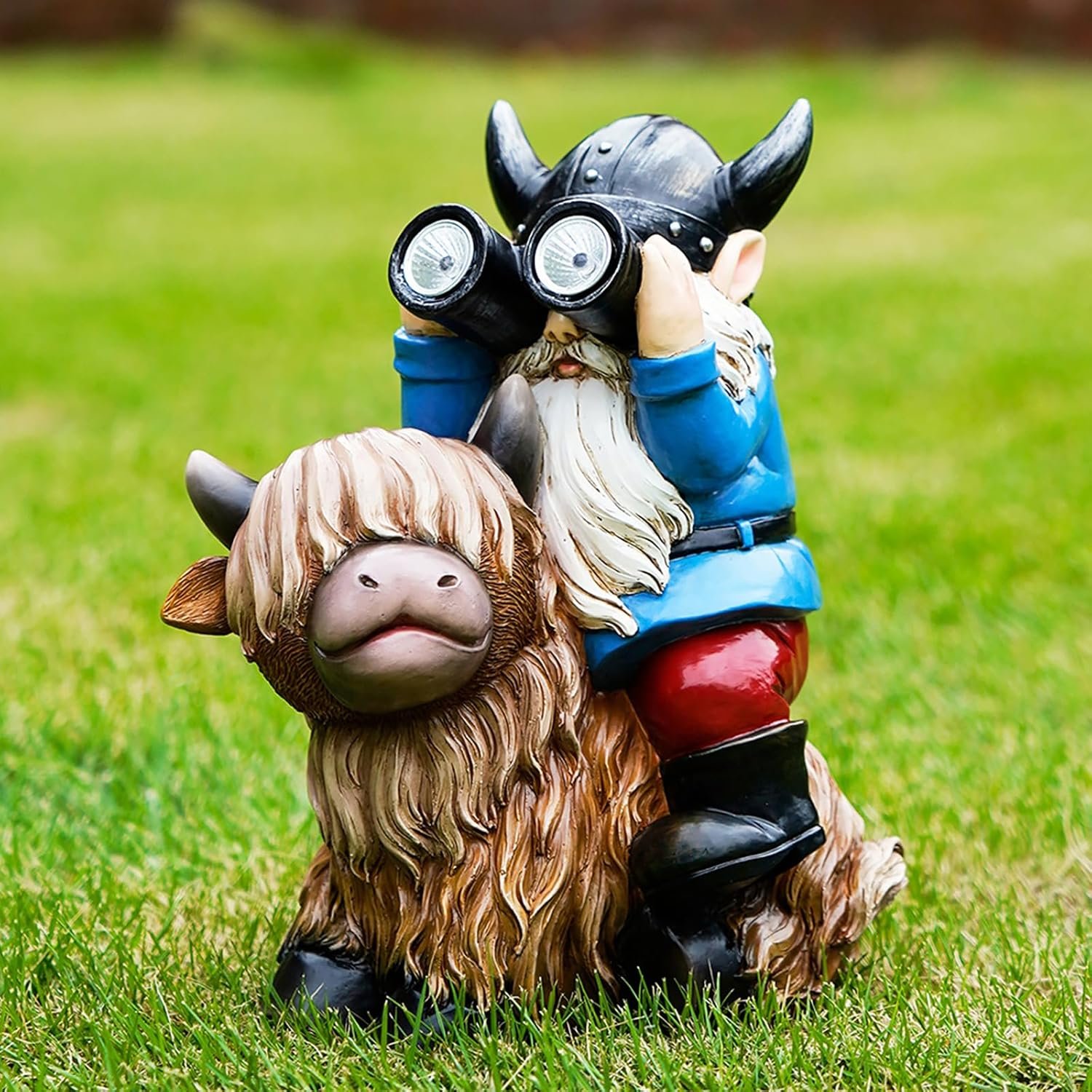 Solar Garden Resin Gnome Riding Highland Cow Outdoor Stautes | Telescope Gnome Decorations Yard Ornament for Patio Lawn Balcony, Unique Housewarming Birthday Gifts