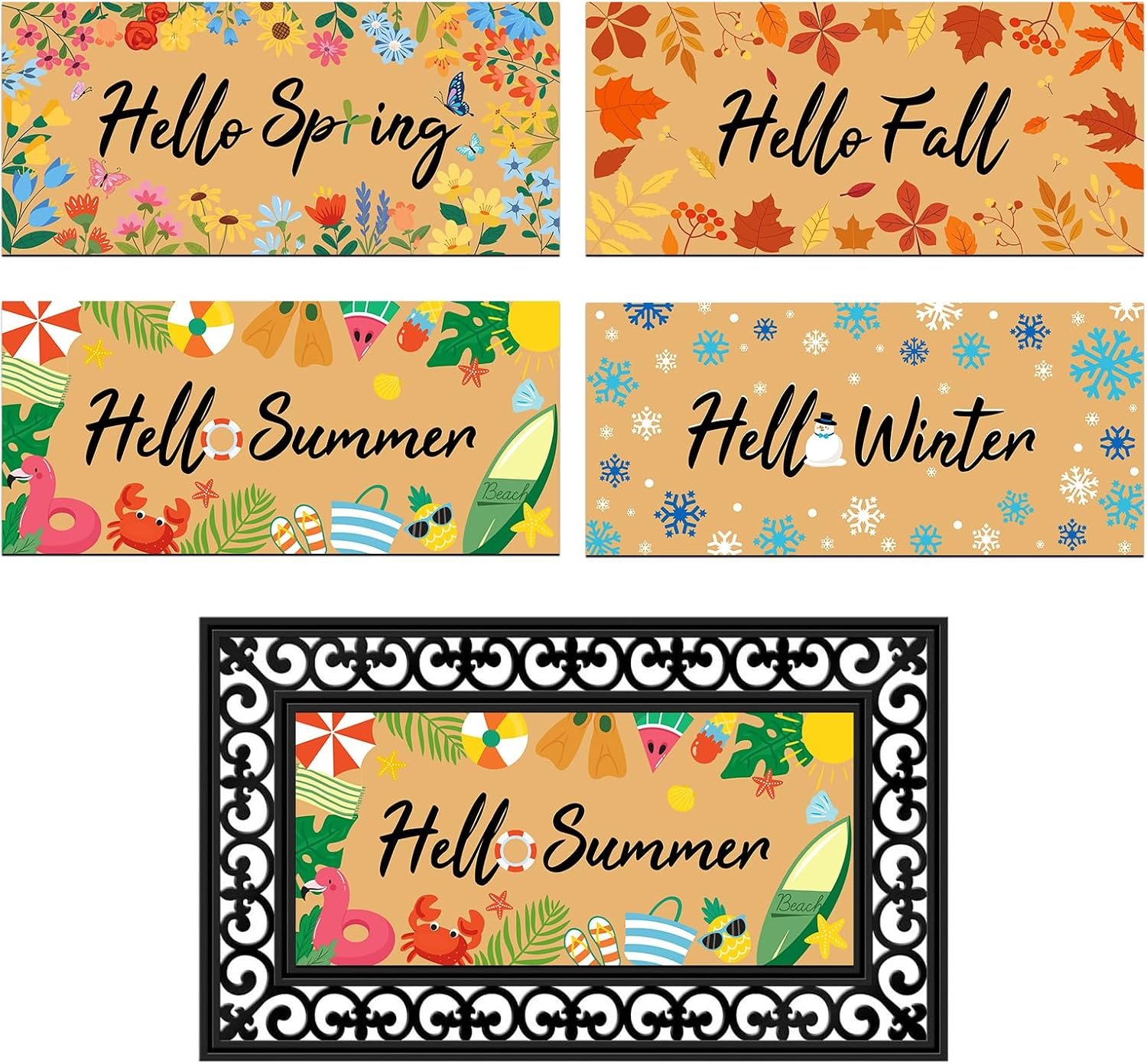 4pcs Interchangeable Seasonal Hello Mat Front Door Outdoor Doormat Set Not Include Rubber Tray Base, 4 Seasons Decorative Inserts Spring Summer Autumn Winter Holiday Entryway Porch Decor 22 * 10in
