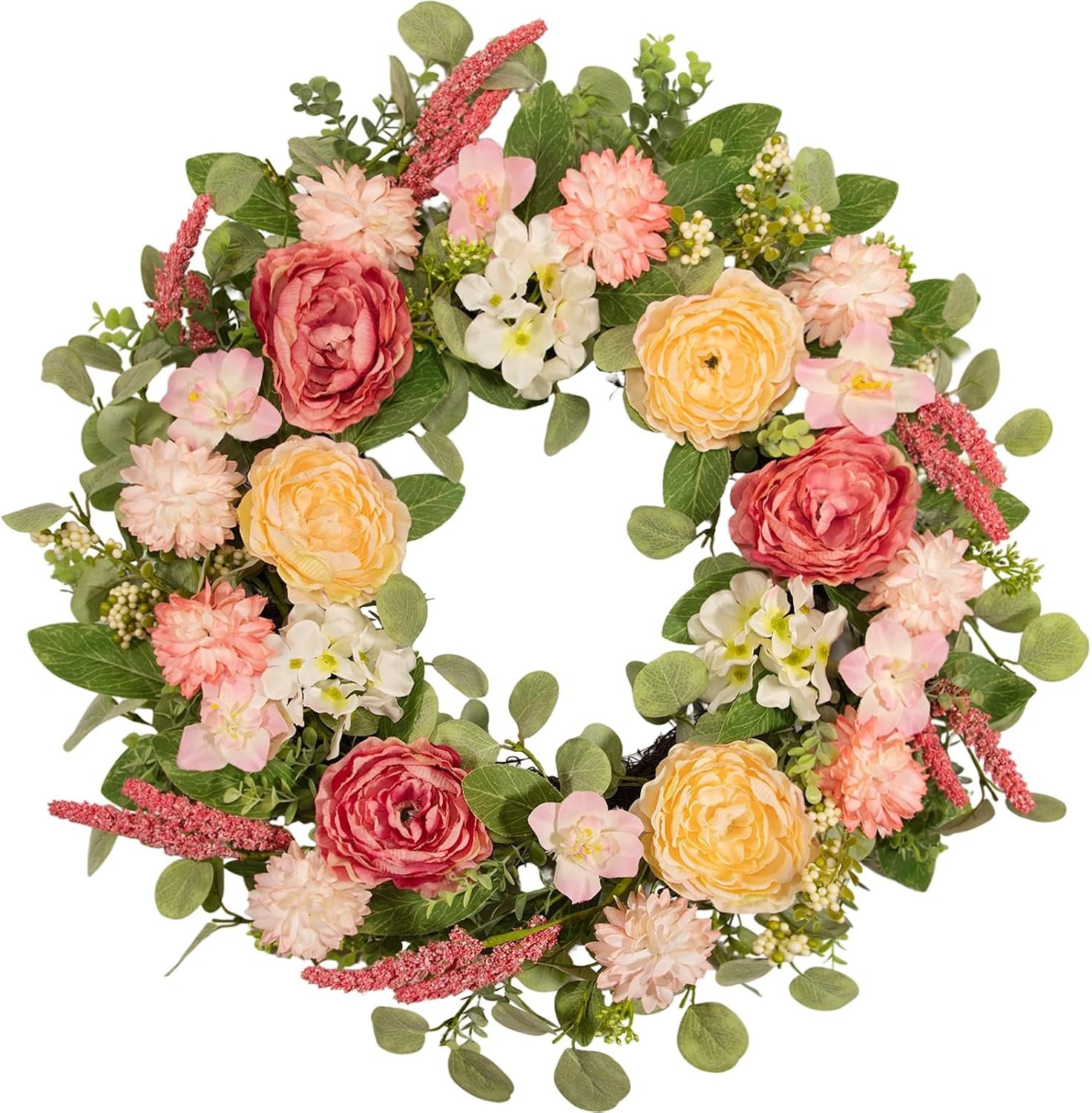 22 Inch Spring Summer Wreath for Front Door, Realistic Silk Peony & Hydrangea Wreath with Yellow Pink Flowers Grain Stems, Artificial Floral Wreath for Indoor Outdoor Porch Wall Farmhouse Decor