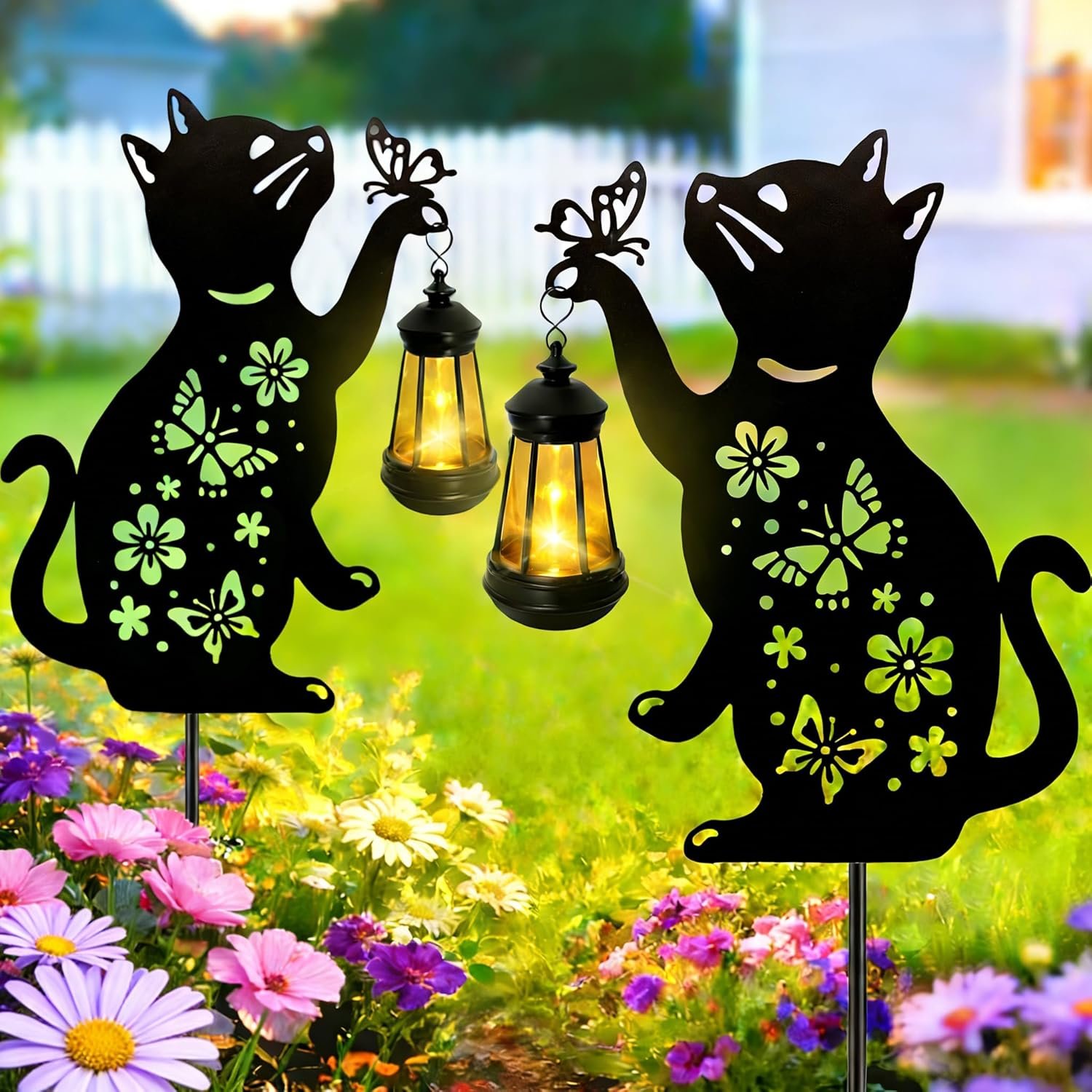 Cat Solar Lights Outdoor, Black Cat Hanging Lantern Waterproof Garden Decor | Cat Lover Gifts for Women Mom Birthday Christmas Mother’s Day, Metal Garden Statue Yard Decor Patio Pathway Lawn Ornaments