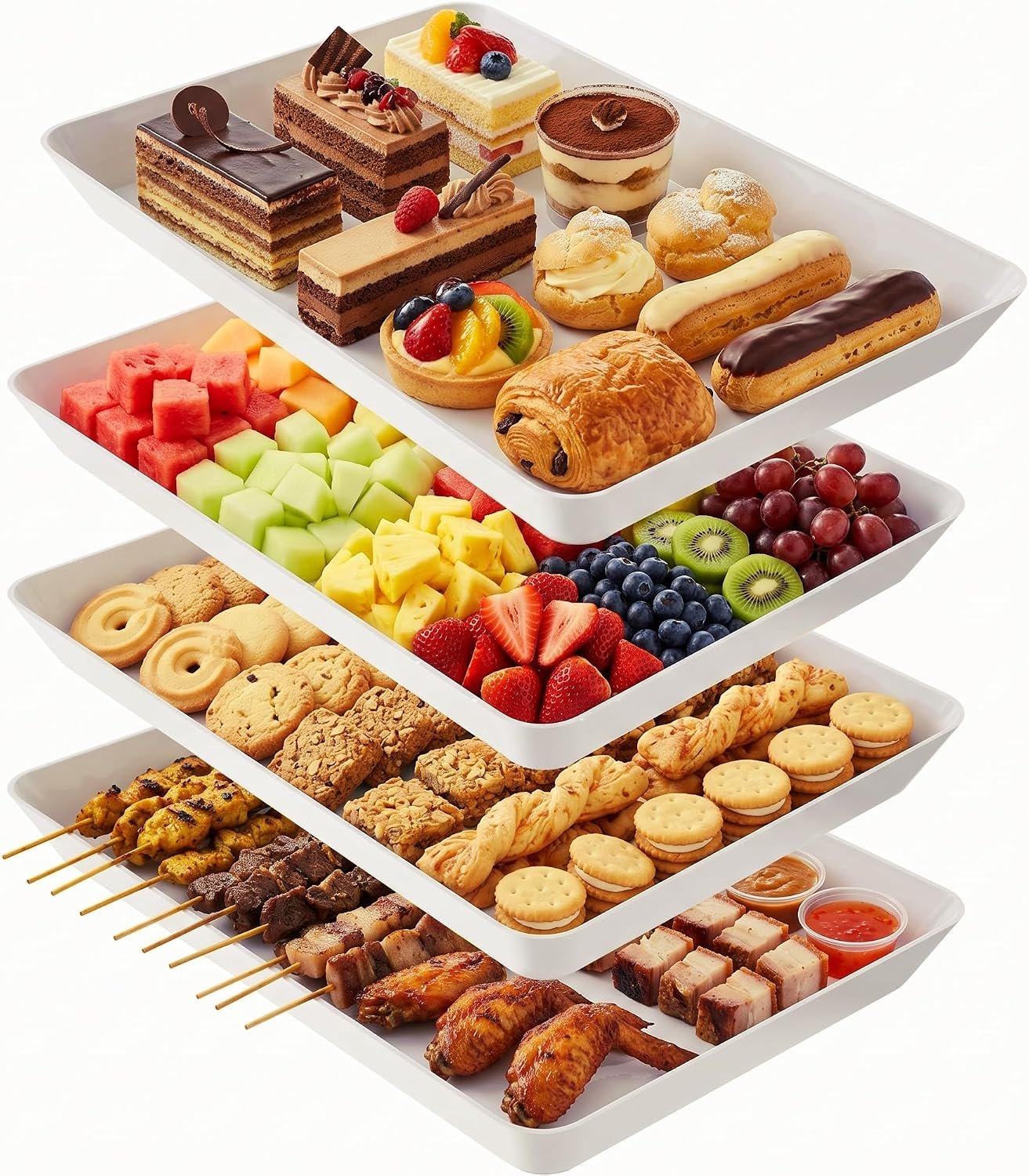 4-Pack Serving Tray, Serving Platter for Parties, Entertaining, Camping & Food Display, Reusable & Stackable Plastic Trays in Kitchen, Rectangular Food Platters for Cookie, Appetizer(White)