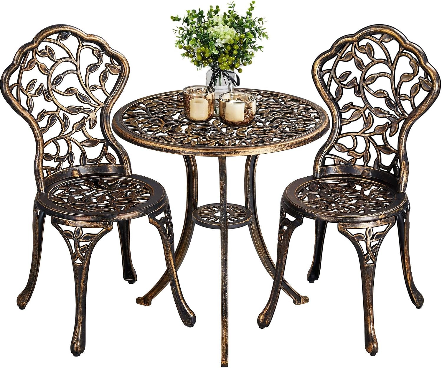 Yaheetech 3-Piece Aluminum Patio Bistro Set Bronze Table and Chairs | Made of aluminum alloy, this compact bistro set adds elegant outdoor seating for coffee, dining, or relaxing in small spaces.