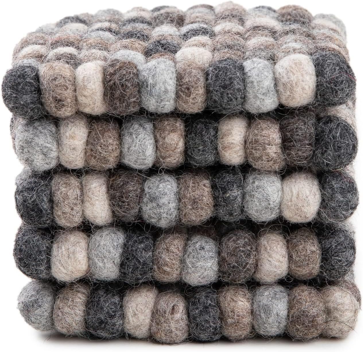 Square Felt Ball Coasters – Wool Table Coasters – Felt Coaster Pads, Absorbent Trivet for Drinks – Heat Resistant, Thick & Durable Hand Felted in Nepal by Woolygon- Multicolor – Set of 5