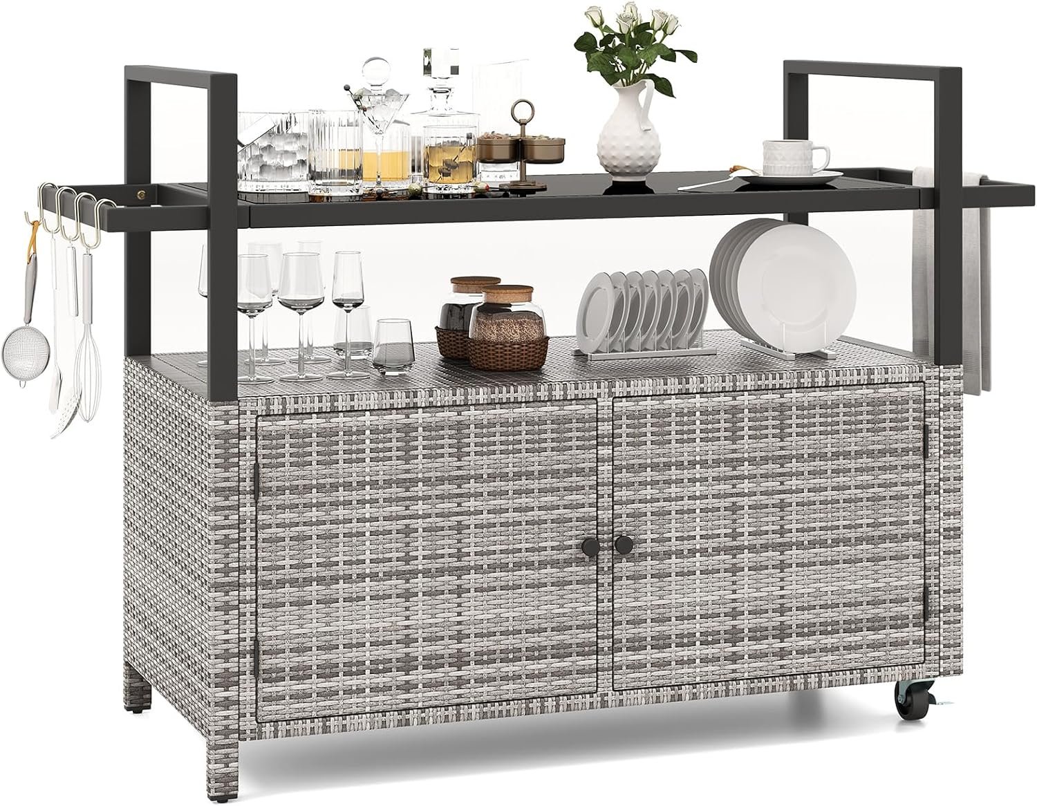 Tangkula Outdoor Bar Cart, Patiojoy Rolling Wicker Buffet Serving Cart with Tempered Glass Top, Storage Cabinet & 8 Hooks, Kitchen Island Cart on Wheels for Porch Backyard Garden Poolside (Mix Grey)