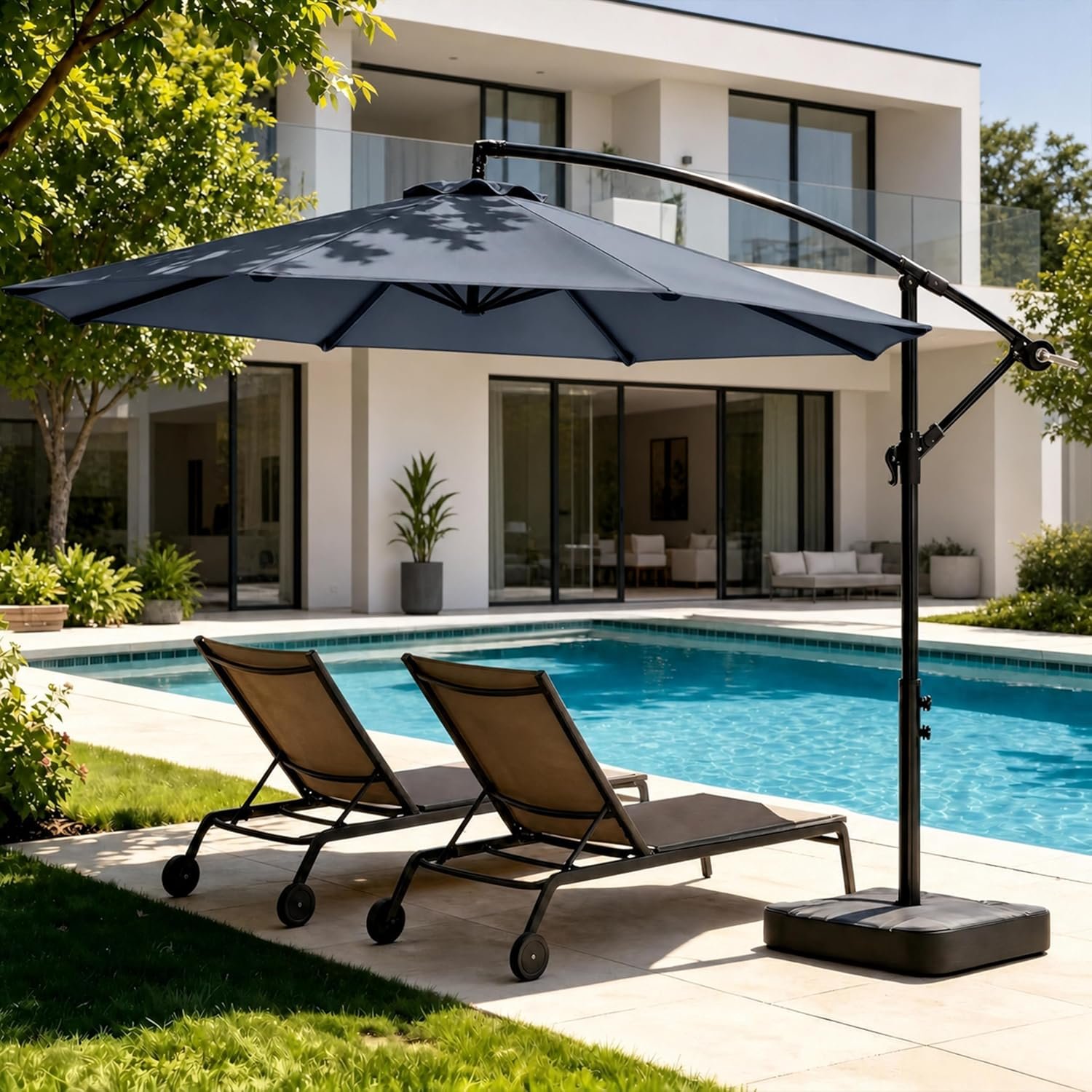 10FT Cantilever Offset Patio Umbrella with Base Included, Outdoor Umbrella with Base, 360° Rotation & Infinite Tilt, Yarn-Dyed Fade-Resistant Canopy, 8-Rib Heavy Duty Steel Frame for Patio Pool Deck Backyard, Slate