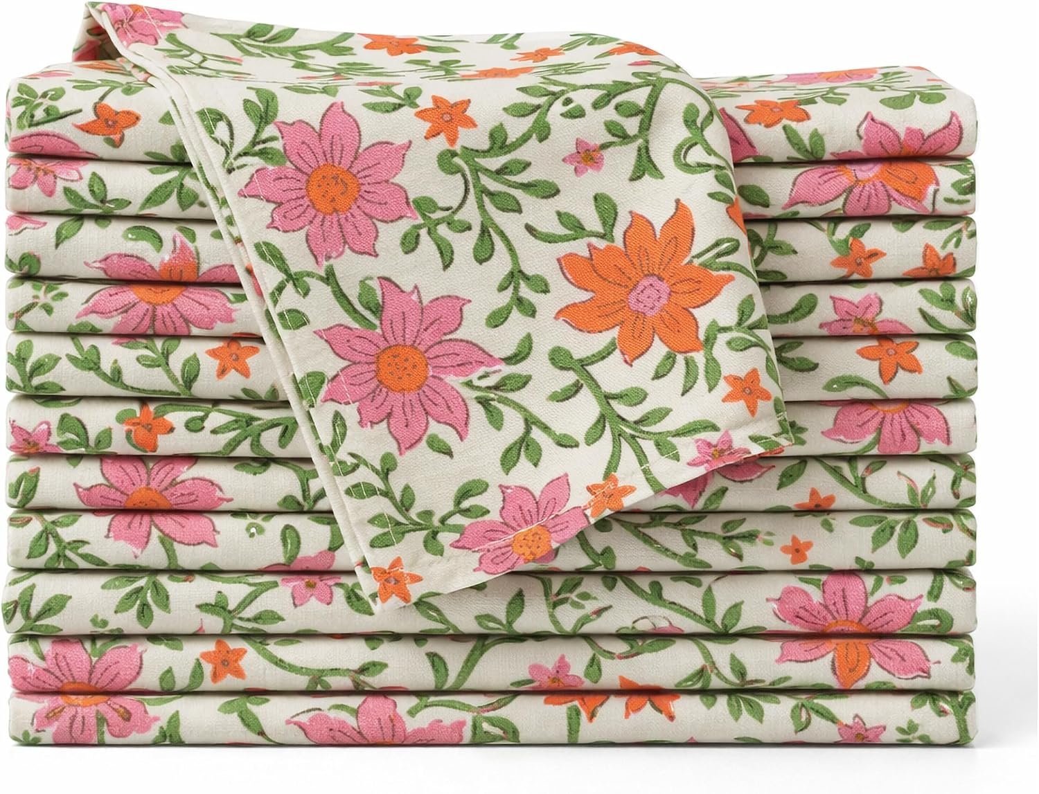 Floral Cloth Napkins Set of 12, 100% Cotton Reusable Dinner Napkins, Block Print Inspired, 18 x 18 Inch Table & Kitchen Napkins for Everyday Dining & Entertaining, Cream Floral