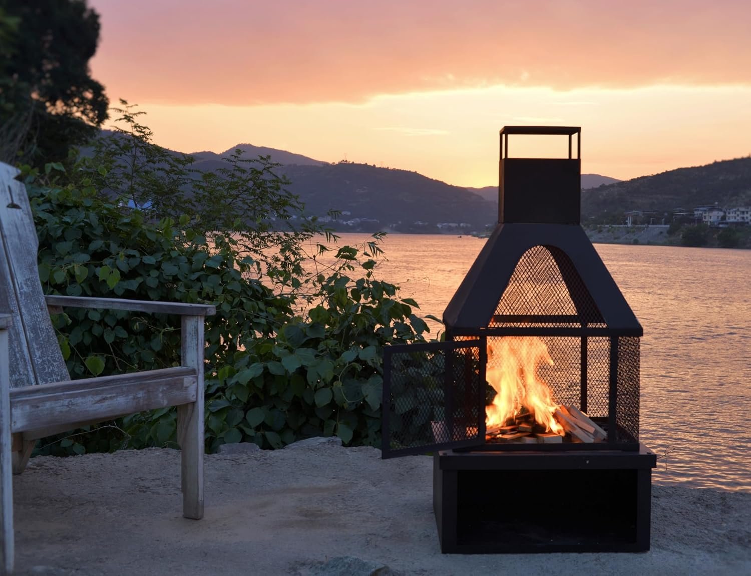 43″ H Living Outdoor Wood Burning Fire Pit with Wood Storage,Chiminea Fireplace with Mesh Spark Screen Doors, Black