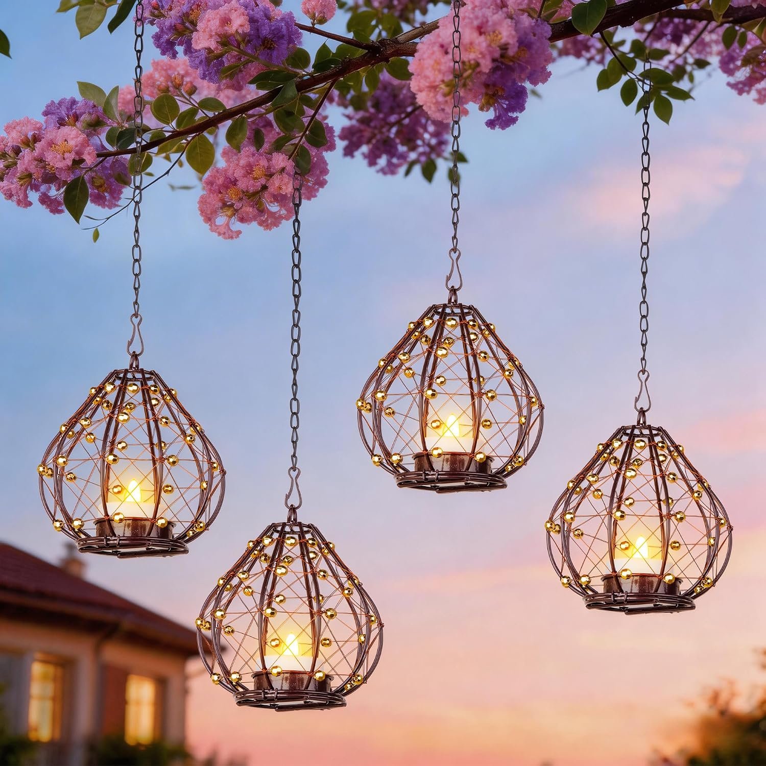 Outdoor Solar Hanging Lantern, 4 Pack Hand Woven Copper Wire Teardrop Candle Holders with Solar Tea Lights, IP65 Waterproof Chandelier for Gazebo, Tree, Pergola, Patio Garden Decor