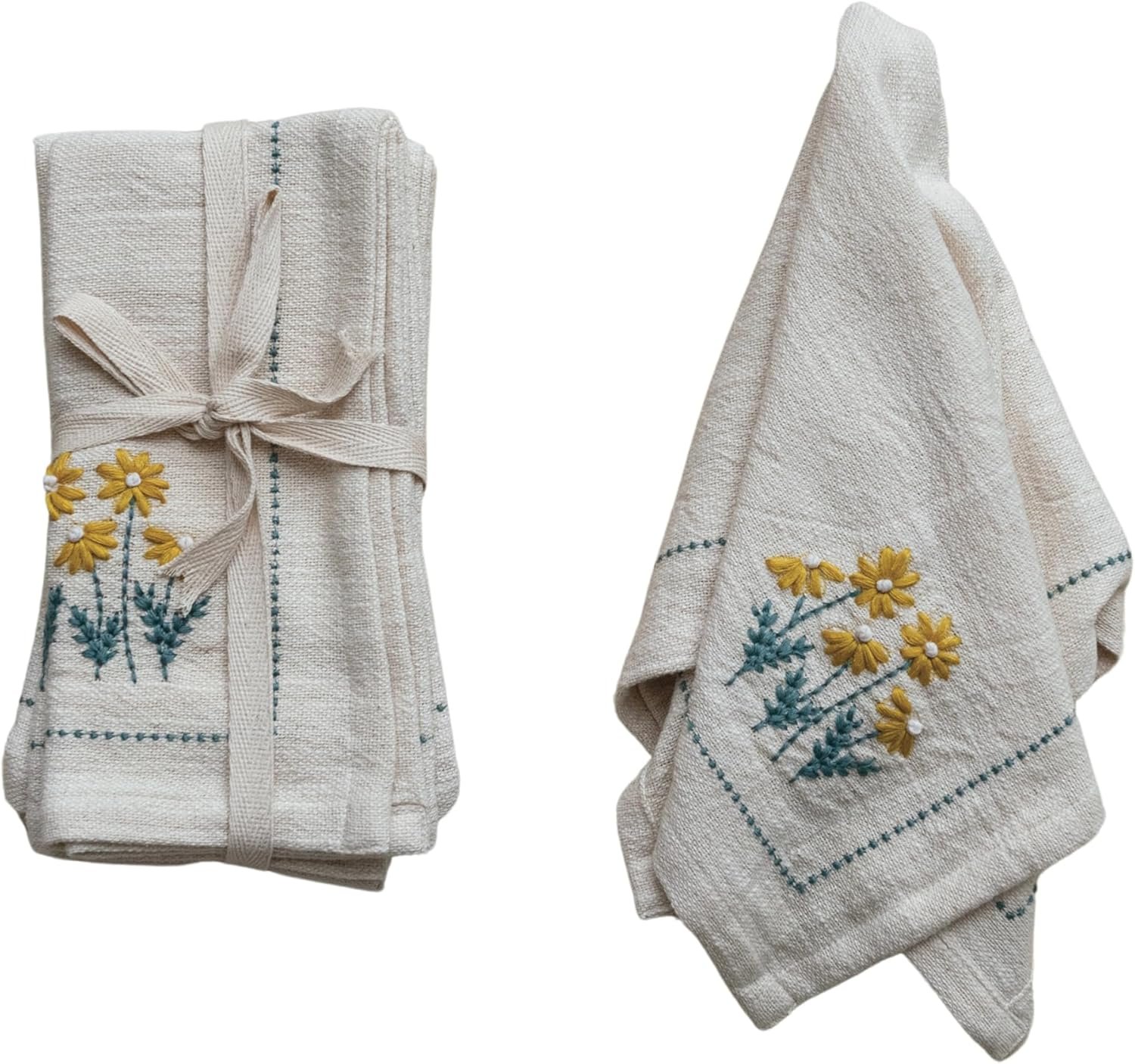 Creative Co-Op Floral Hand-Embroidered Cotton Napkins, Multicolor, Set of 4