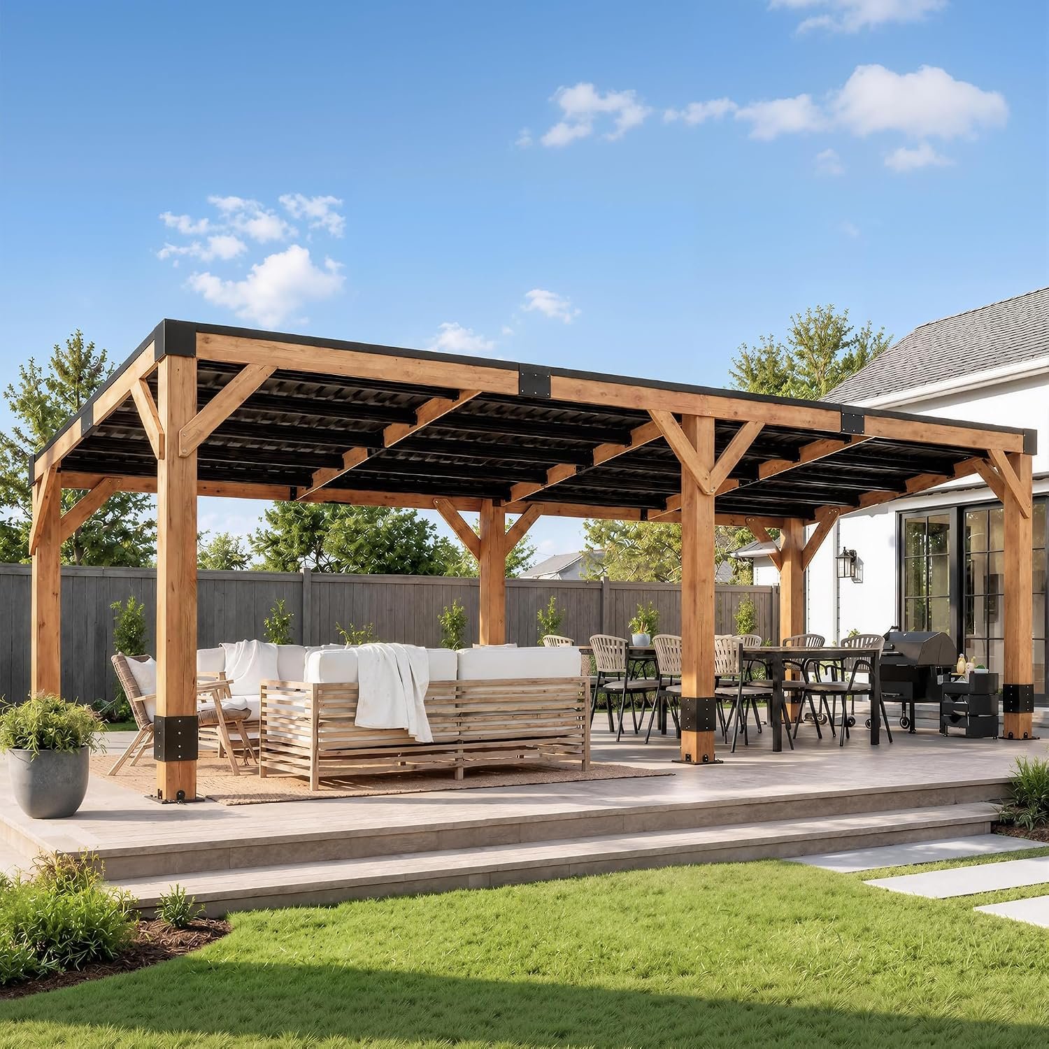 AMERLIFE 10x20FT Spruce Wood Hardtop Grill Gazebo with Sloped Roof | Galvanized Steel Roof, Heavy Duty Outdoor Pergola, Patio Backyard Garden Shelter for BBQ
