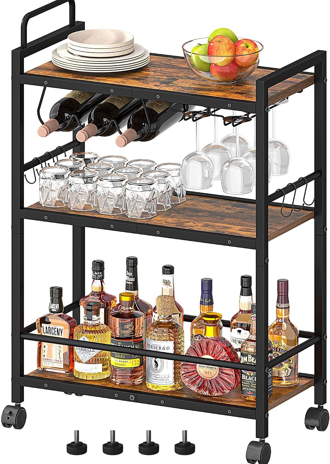 Bar Cart, Serving Cart for Home, Microwave Cart, Drink Cart, Mobile Kitchen Shelf with Wine Rack and Glass Holder, Rolling Beverage Cart for Dining Room(Rustic Brown and Black)