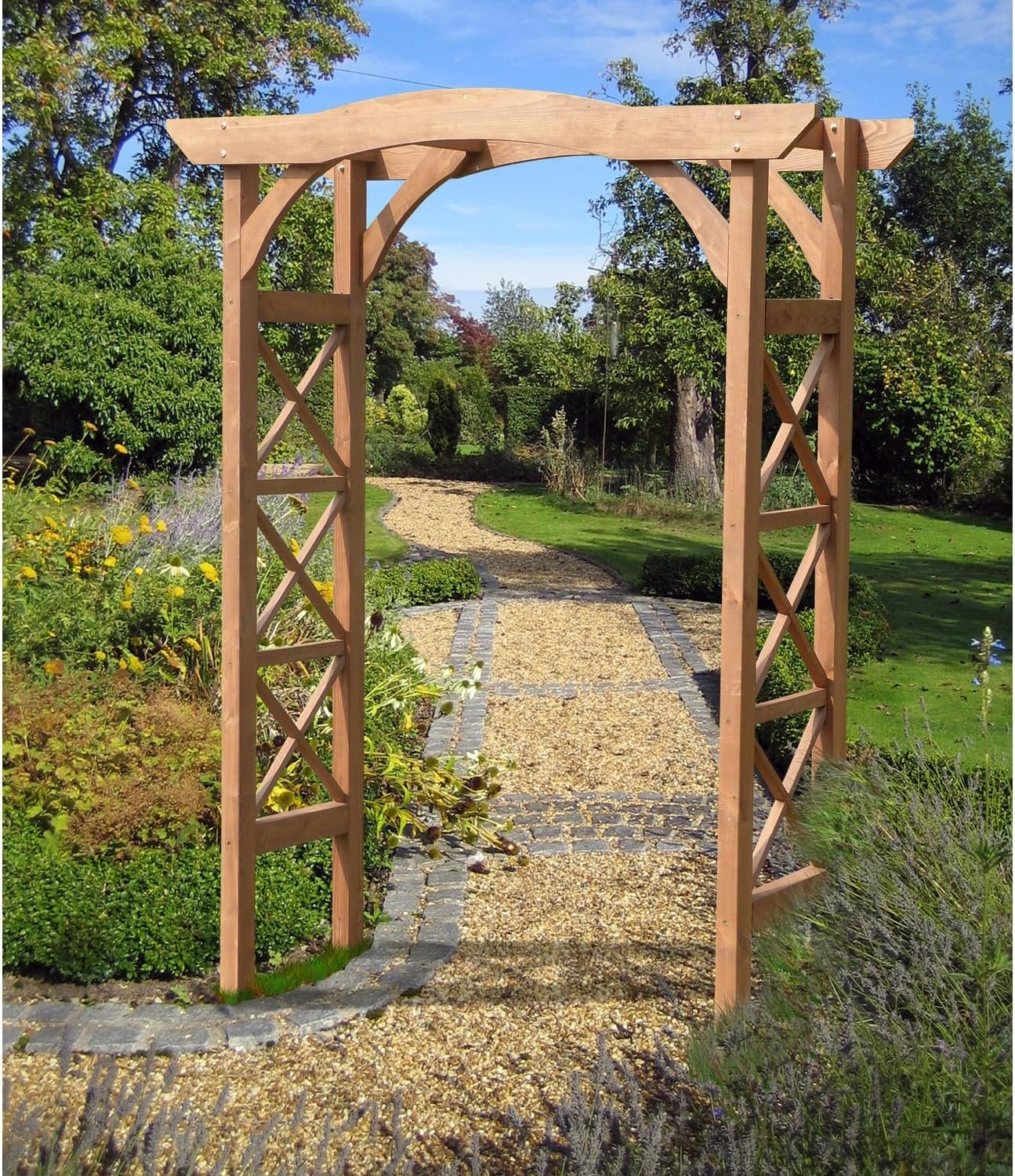 Asian Aesthetics Arbor, 60″ W x 79.53″ H, Rectangular Wooden Garden Arbor with Traditional Lattice Pattern – Brown