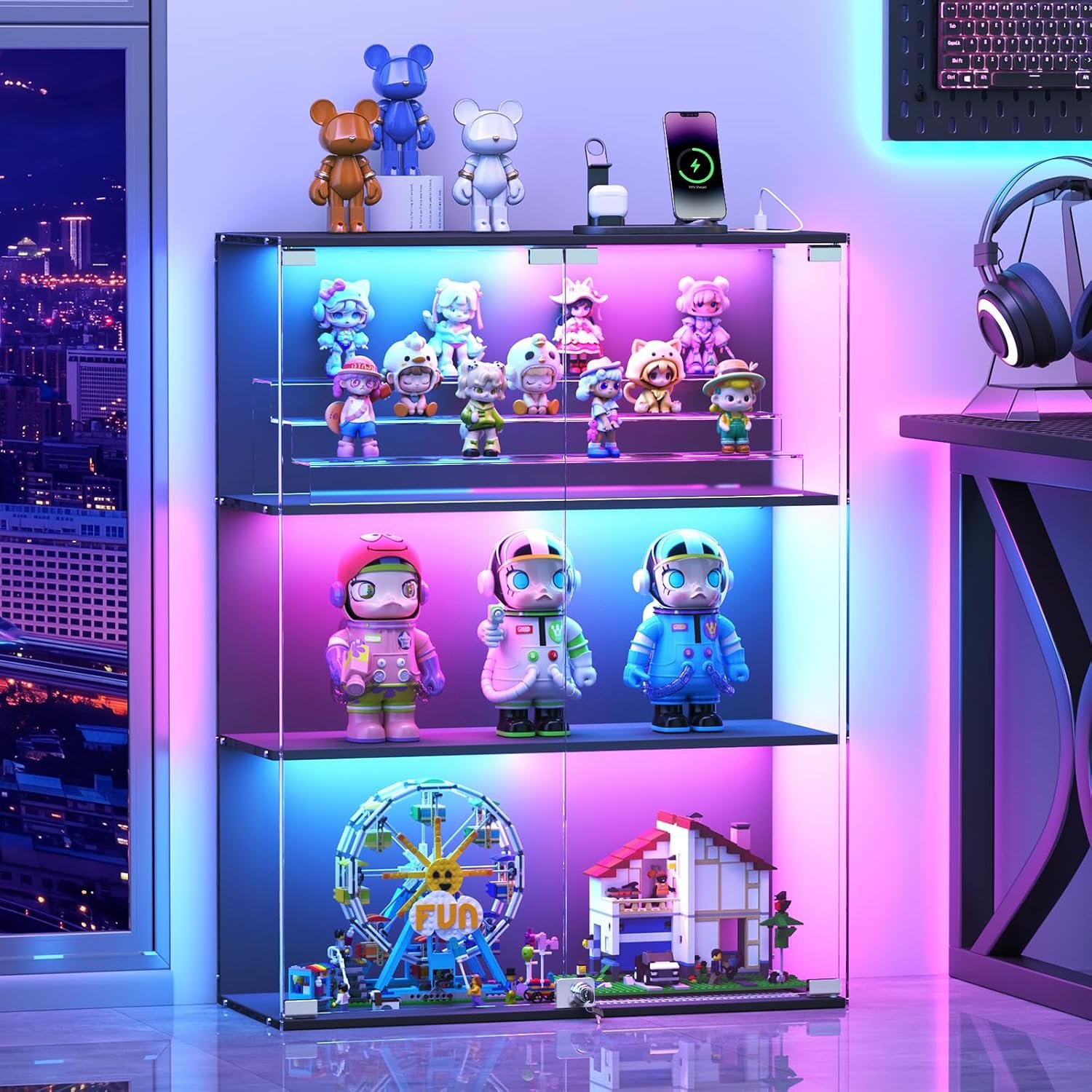 VersionTECH. Glass Display Cabinet with RGB LED Lights, Full-View Display, 3-Tier Display Case with Glass Doors for Collectibles, Cabinets with Lock, Human Sensor, Charging Station, Black