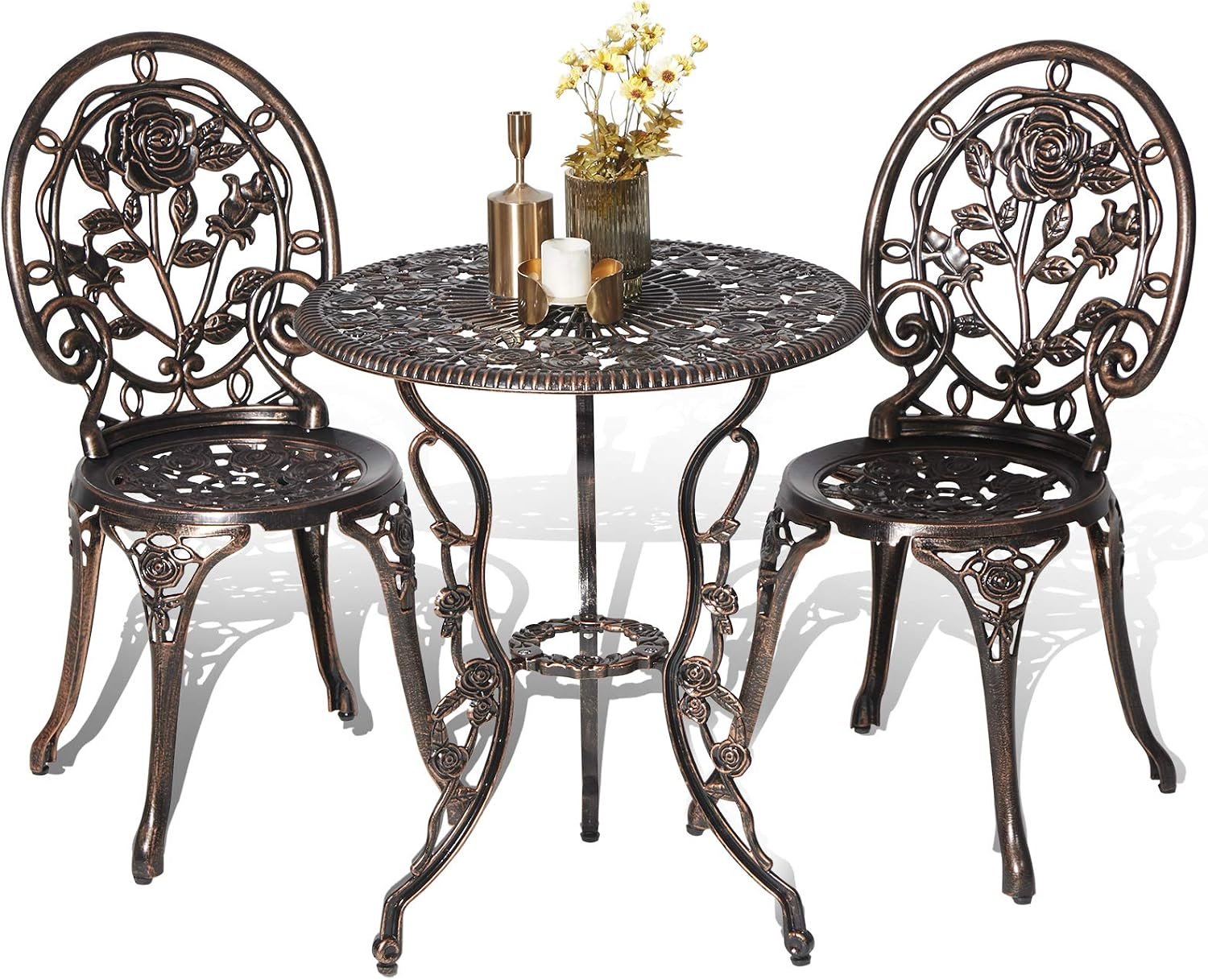 Bistro Table and Chairs Set of 2 Outdoor 3 Piece Patio Set, Rose Pattern Cast Aluminum Bistro for Garden Balcony, Durable Rust All-Weather Resistance, Rose Bronze