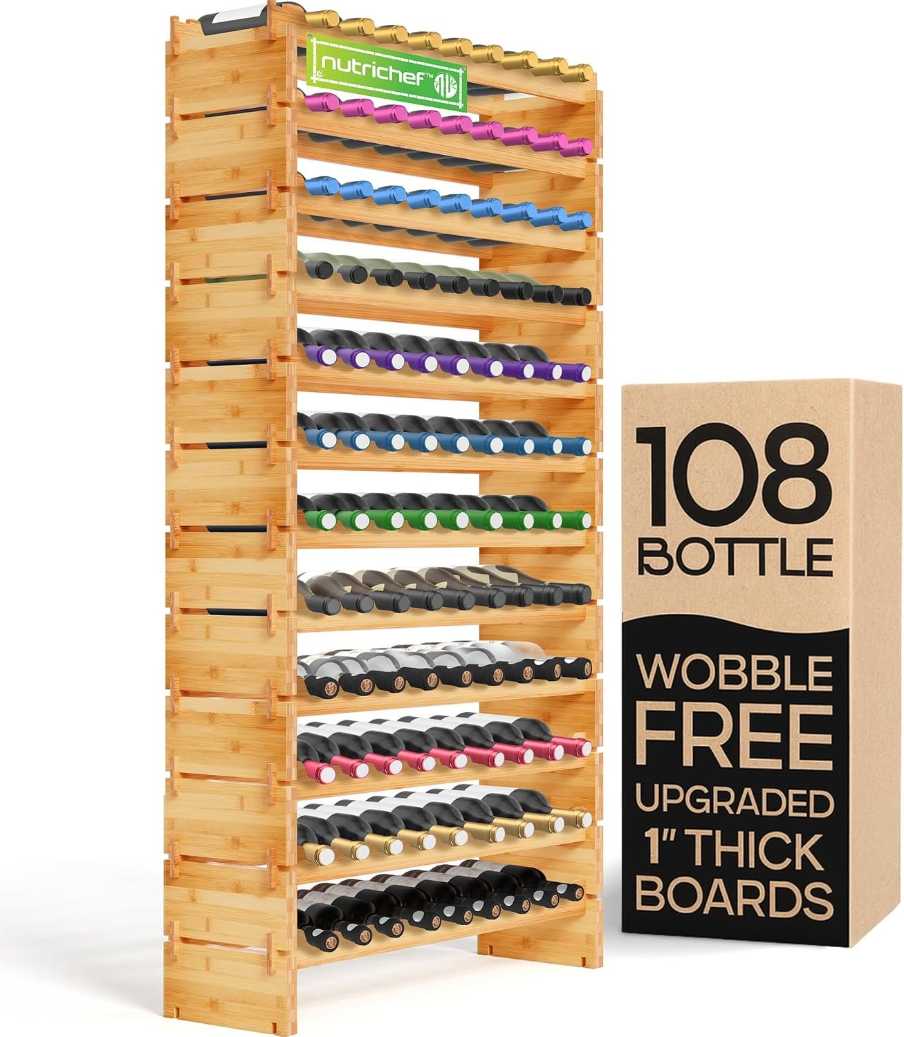 NutriChef 108 Bottle Stackable Modular Wine Rack, Upgraded 1” Thick Sideboard, .5” Rack Sticks, Sturdy Wobble Free Natural Bamboo Construction, Protective Moisture Resistant Finish, 33.5″ x 10″ x 63″