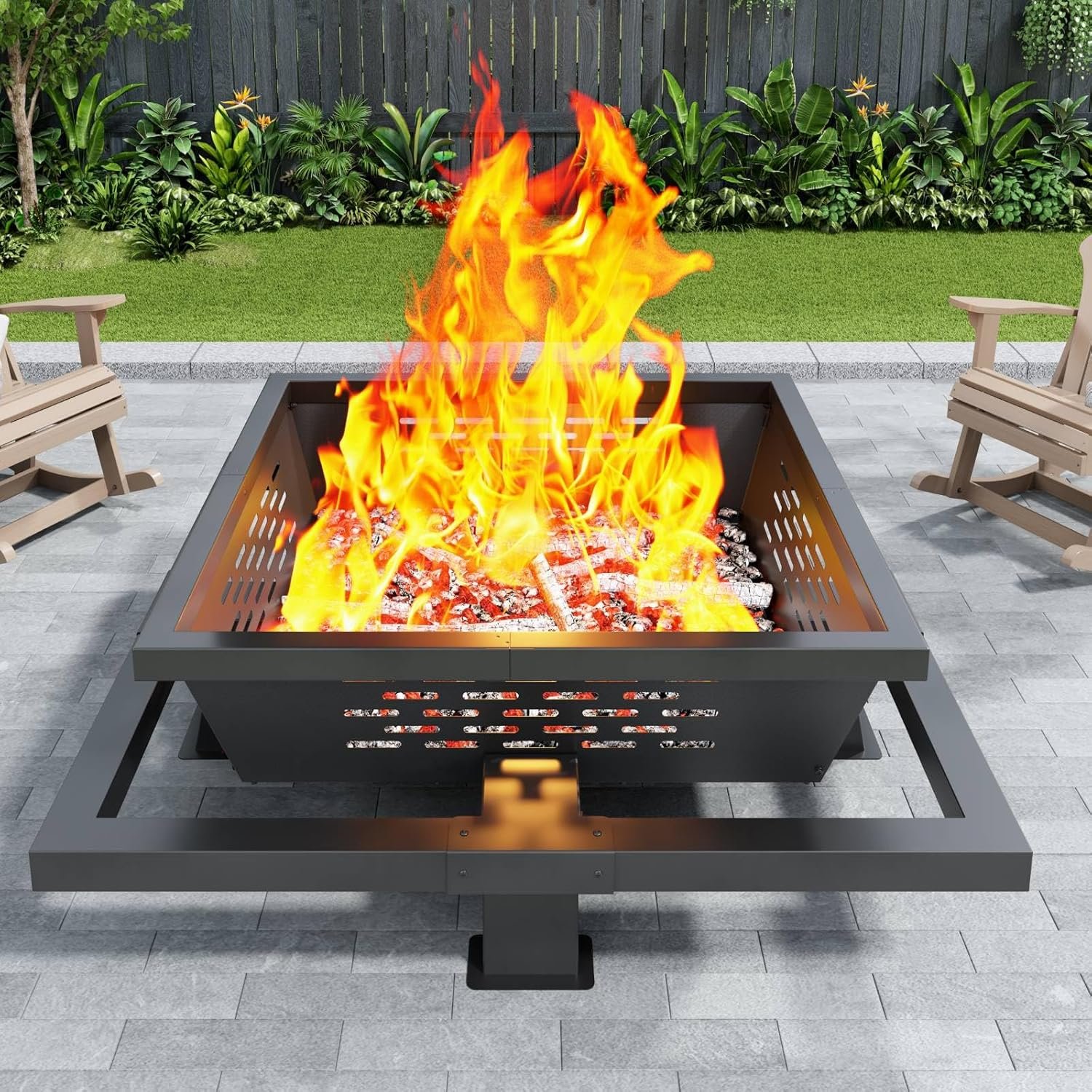 47″ Large Fire Pit, Square Outdoor Fire Pit with Poker, Wood Burning FirePit for Camping, Backyard, Patio