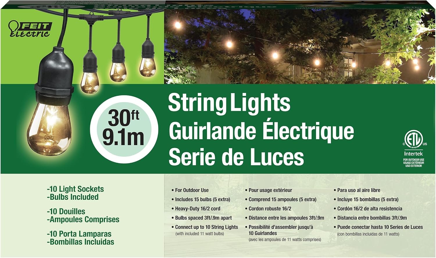 Feit Electric 30ft Outdoor Incandescent String Lights, Warm Amber Glow, Heavy-Duty Weatherproof Cord, Includes 10 Clear Bulbs + 5 Spares, End-to-End Connectable for Patios and Gazebos, SL30-10
