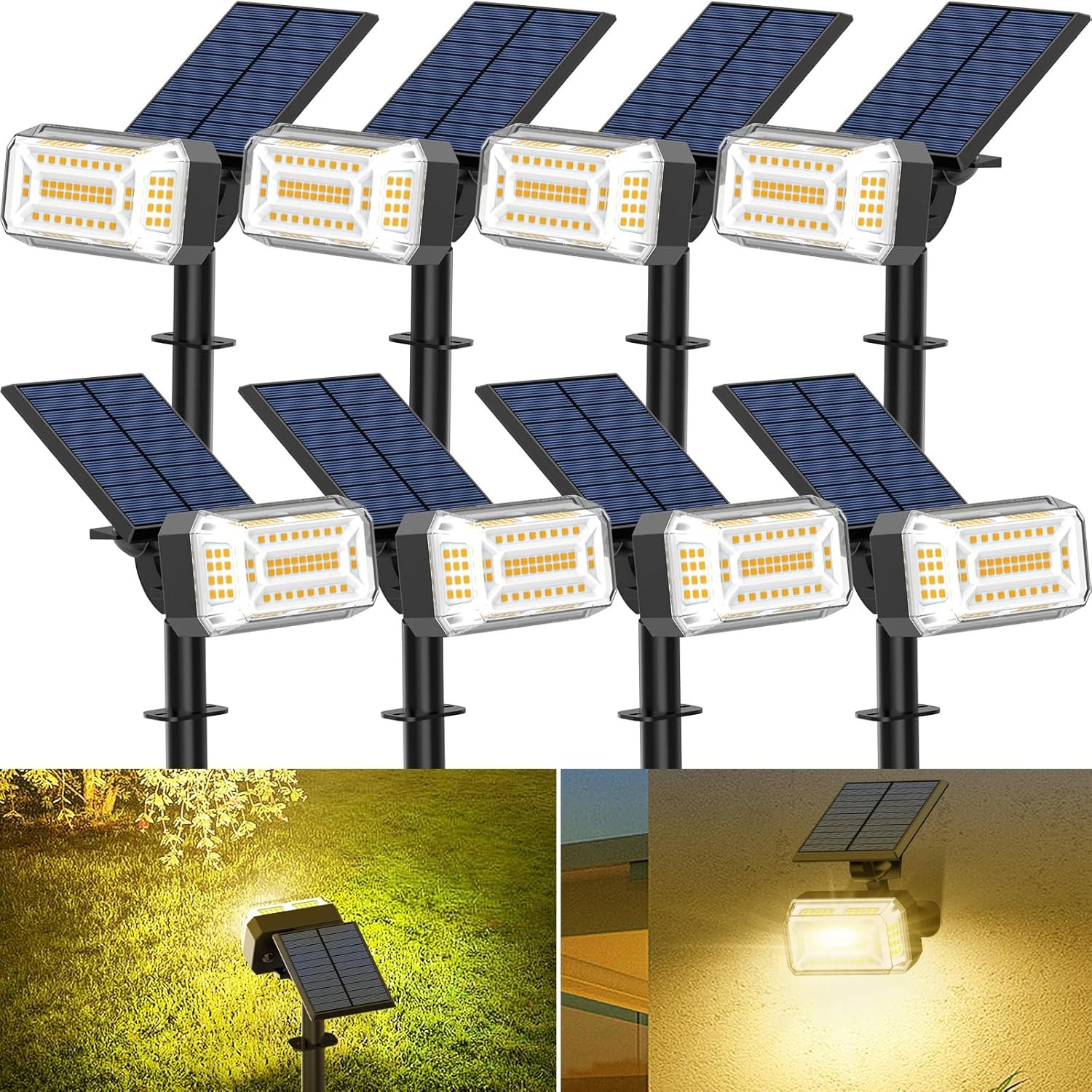 WENATY 102 LED Solar Spot Lights Outdoor Waterproof IP65, Adjustable Landscape Spotlights, [8 Pack/4 Modes] Auto On/Off Solar Powered Flood Lights for Outside Yard Garden Wall Pathway (Warm White)