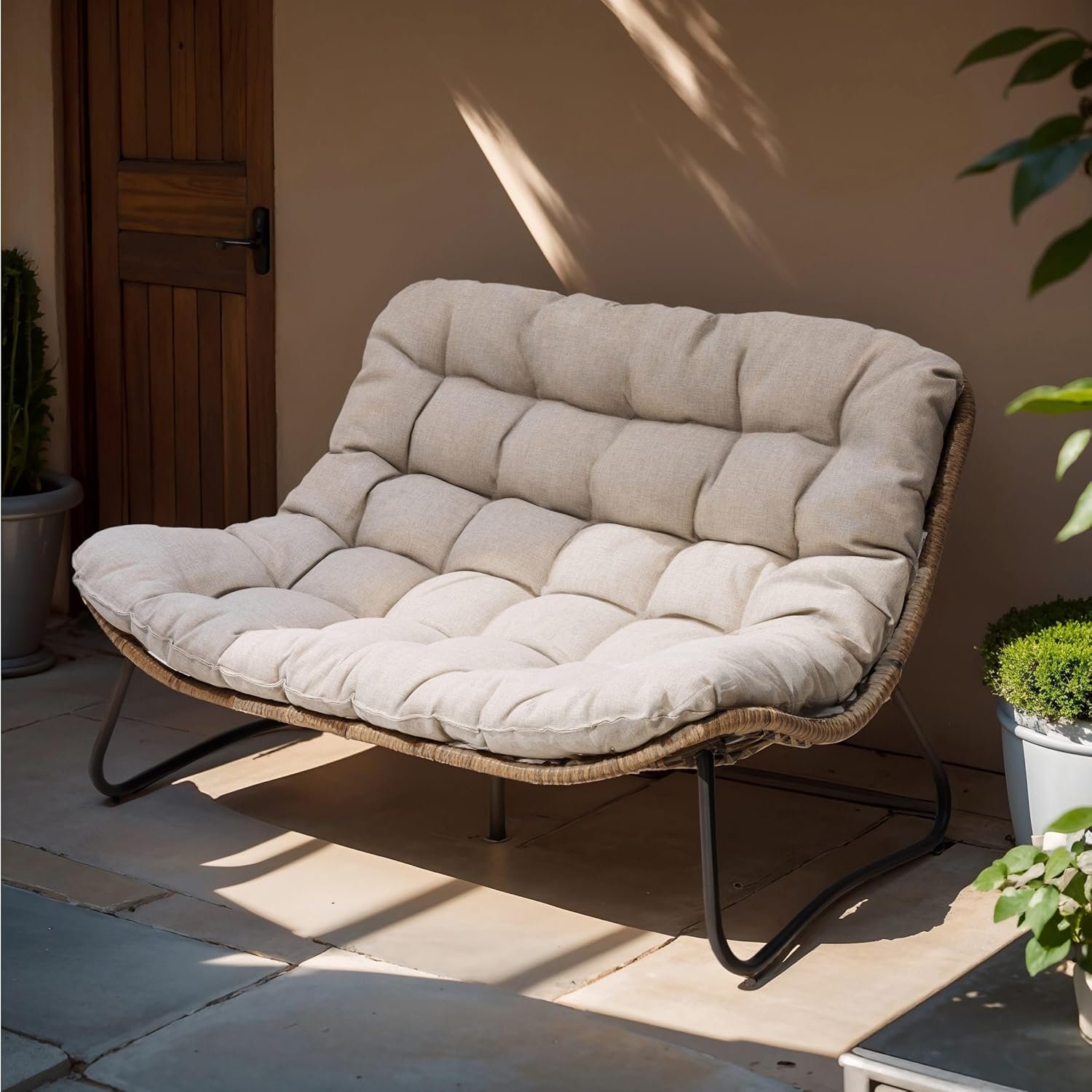 Outdoor Loveseat, Boho Rattan Patio Couch with Soft Cushion (Beige) | 2 Seater Sofa All-Weather Patio Furniture for Deck,Balcony, Poolside, Backyard, Porch,Apartment