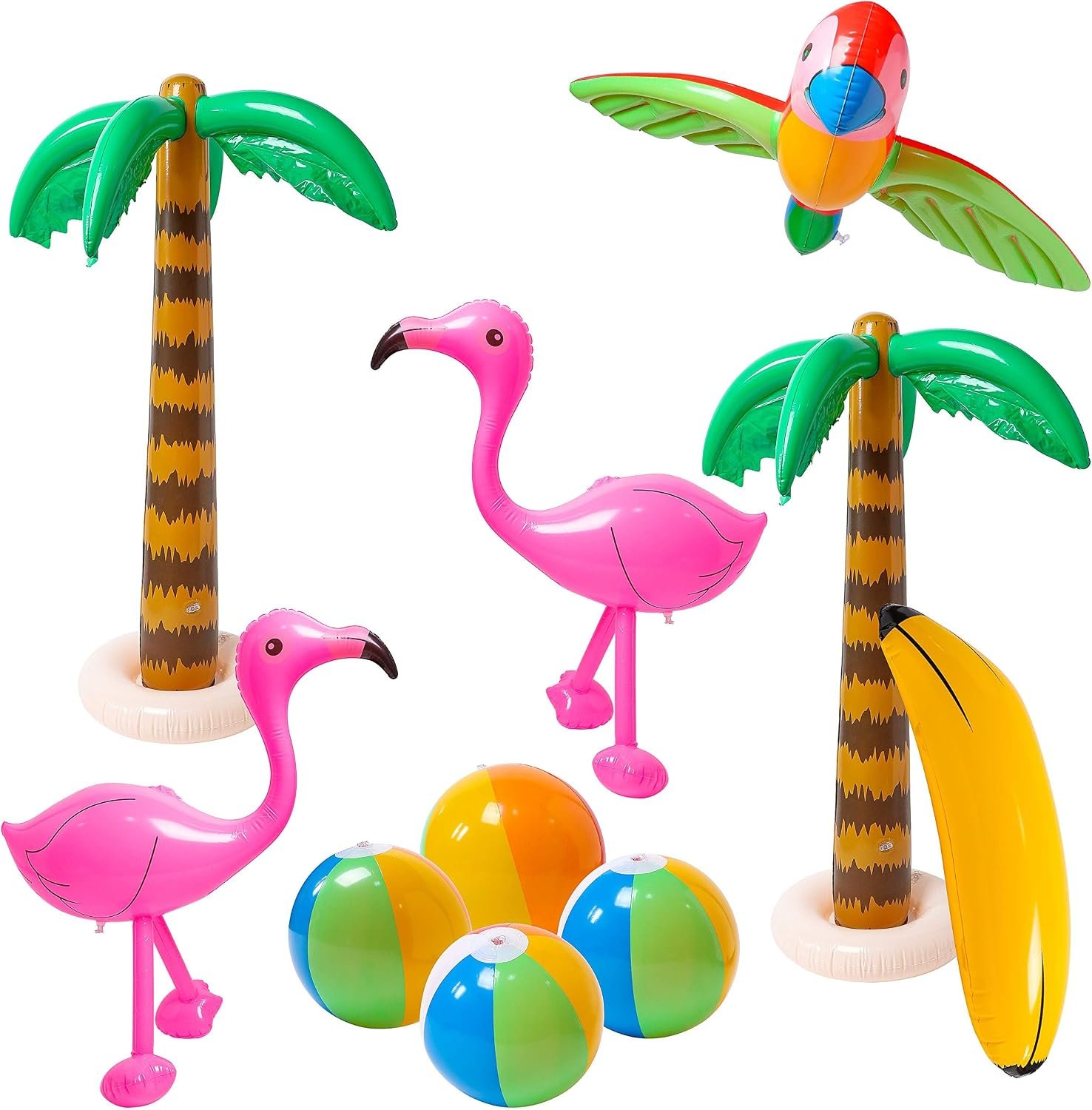 R HORSE 10 Pieces Inflatable Beach Pool Toys, Hawaiian Party Decorations | Included Palm Tree, Flamingo, Banana, Beach Ball, and Parrot, Ideal for Tropical Hawaiian Luau Party, Summer Beach Pool Party