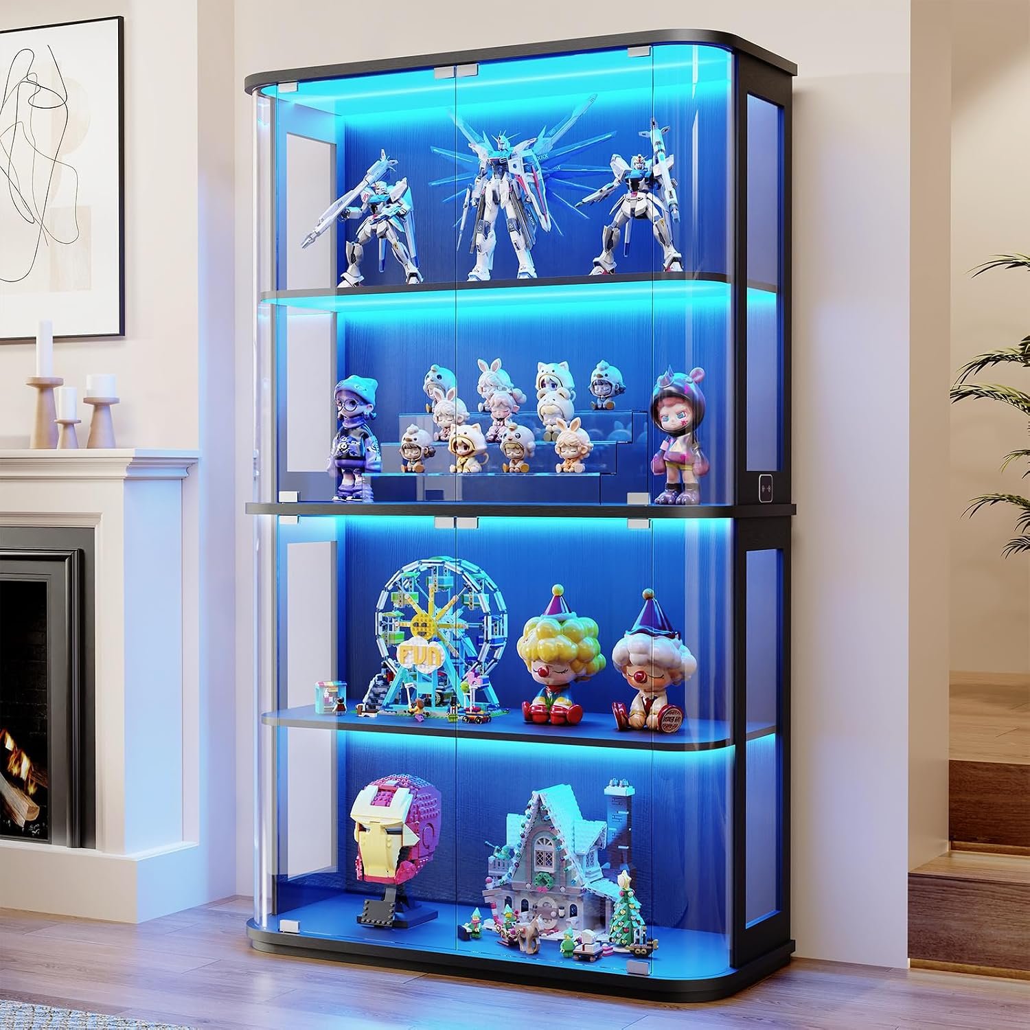 BROTTAR Large Rounded Display Cabinet with Glass Door & Lights, Black | 4-Tier Curio Cabinet with 3 Color Lights for Collectibles, Glass Display Case with Transparent Full-Display Surface