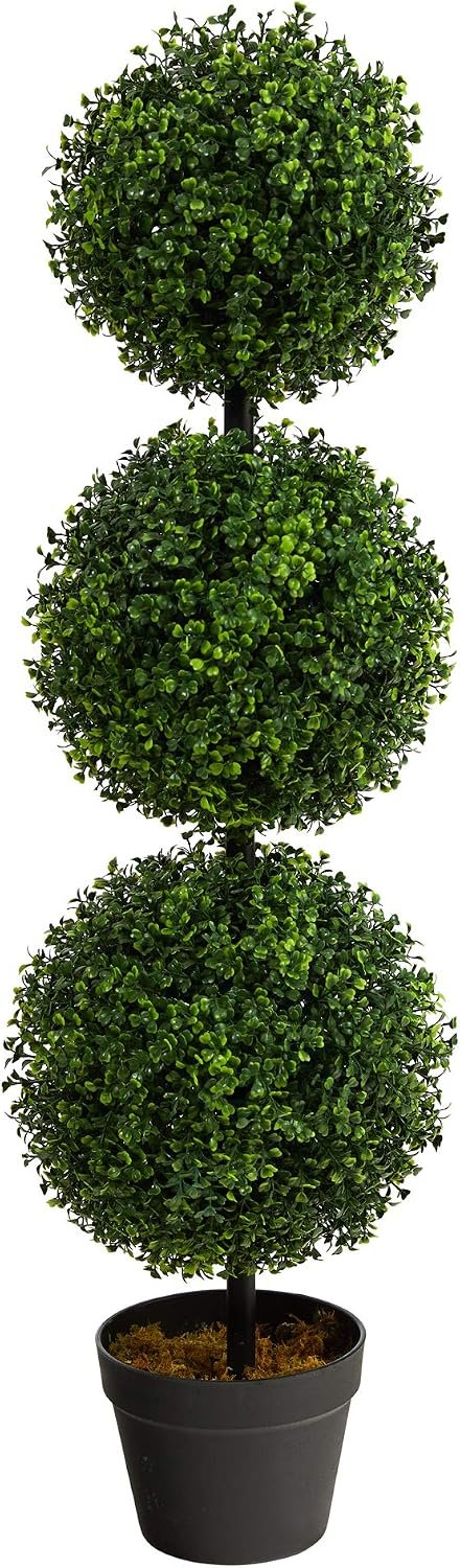 Nearly Natural 36in Artificial Triple Ball Boxwood Topiary Tree – Indoor Outdoor Realistic Faux Greenery for Home Patio Office Decor, Low Maintenance