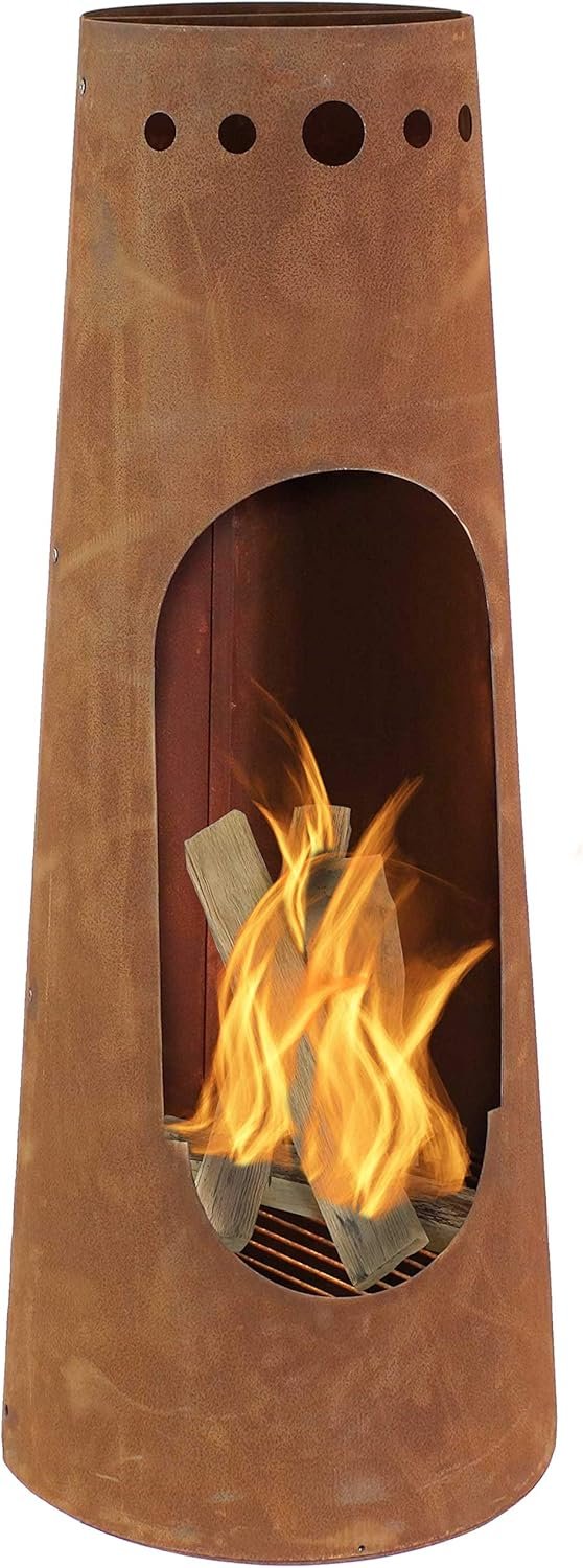 Sunnydaze Santa Fe 50-Inch Chiminea Outdoor Fire Pit – Wood-Burning Chiminea Outdoor Fireplace with Wood Grate – Rustic Patina Finish