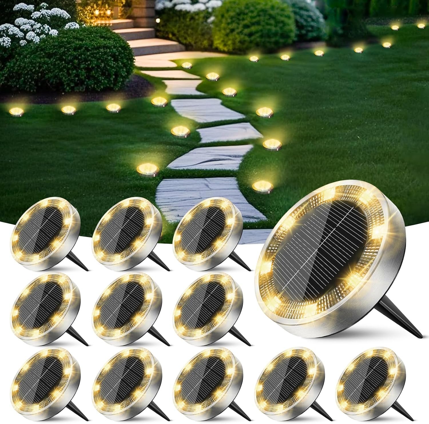 Solar Lights Outdoor Waterproof -12 Pack Solar Ground Lights Anti-Rust, Flat Solar Powered Disc Lights Landscape Lighting for Deck Step Patio Yard Pathway Walkway Driveway Garden, Warm White