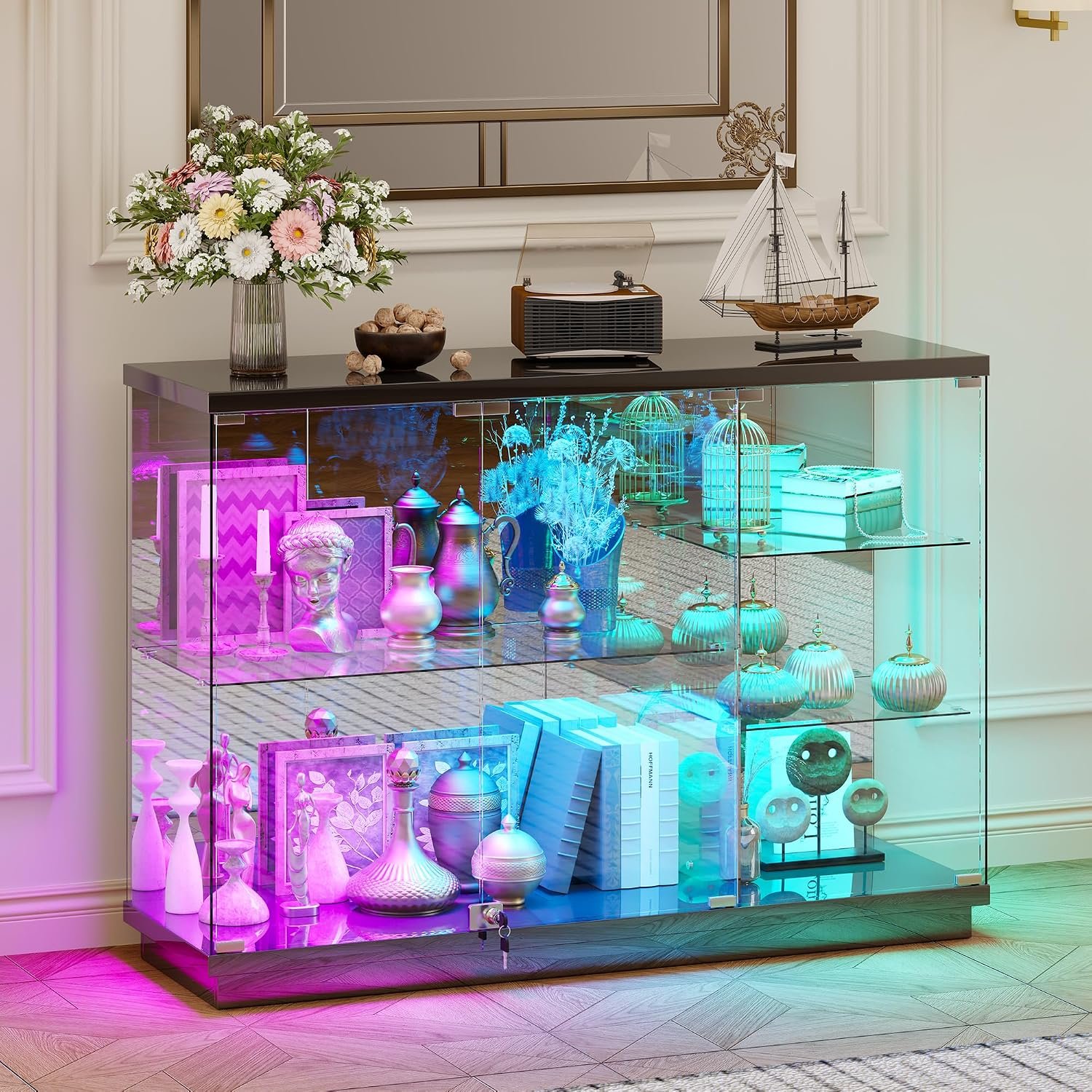 5-Tier Lockable Display Cabinet with Glass Door and Motion RGB Lights,White | 47.2″ W Glass Display Cabinet with Lock and Keys for Collectibles,Display Case with Removable Glass Shelves,Living Room