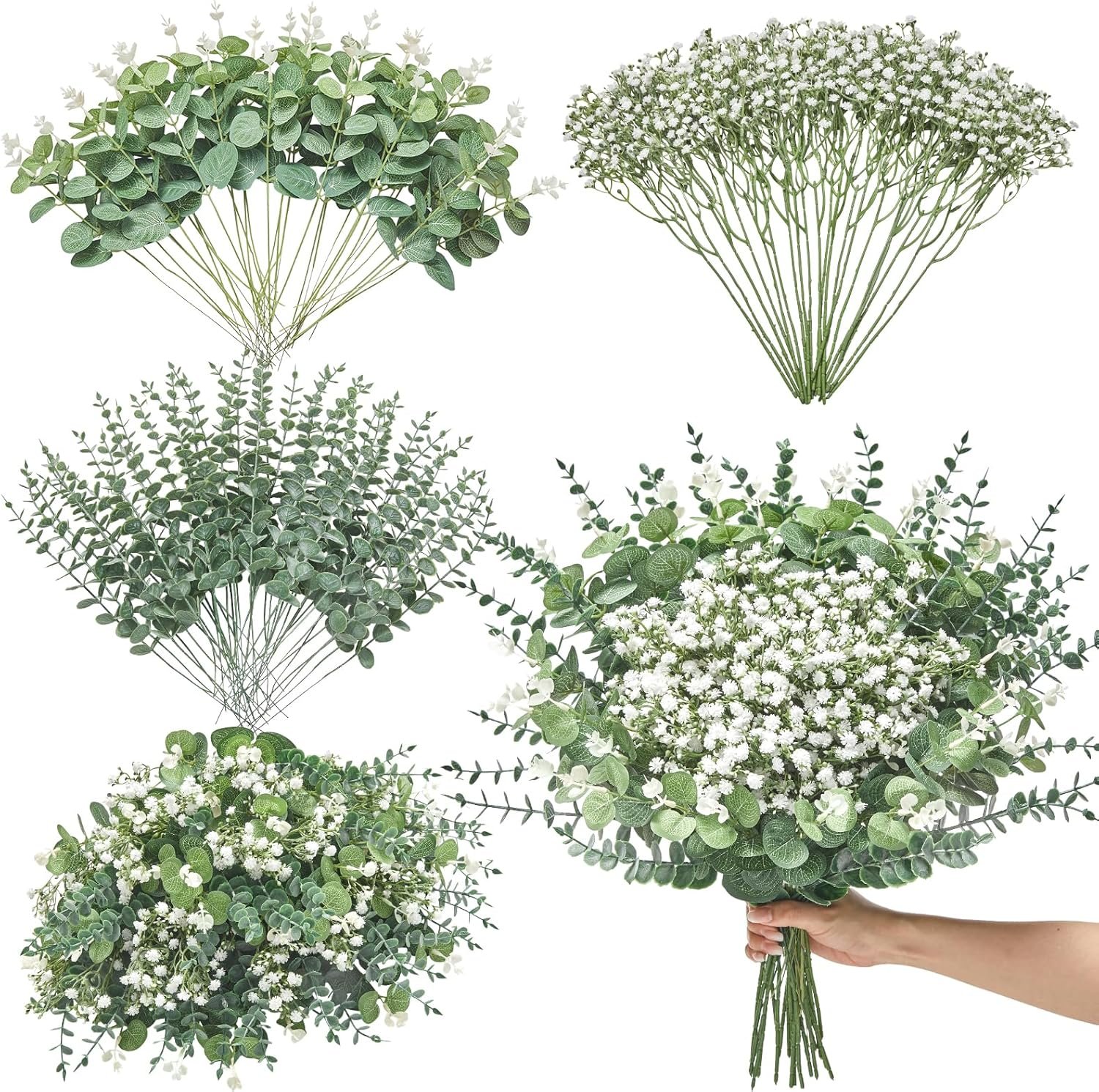 Serwalin 100PCS Mixed Eucalyptus Stems with Baby’s Breath Greenery | Faux Greenery Stems & Babys Breath Artificial Flowers Bulk for DIY Bouquets,Wedding Centerpieces,Floral Arrangements Decor