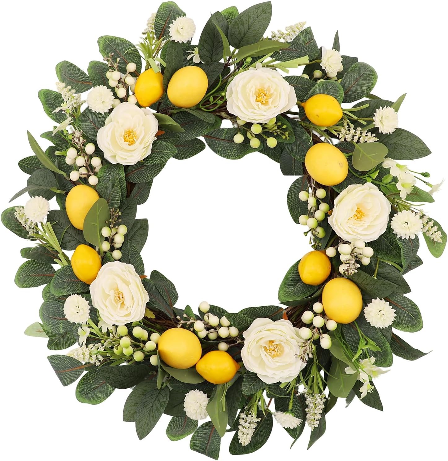 22 Inch Lemon Floral Wreath with White Peonies and Eucalyptus Leaves, Summer Front Door Wreath, Farmhouse Decor for Spring Summer Indoor Outdoor Use