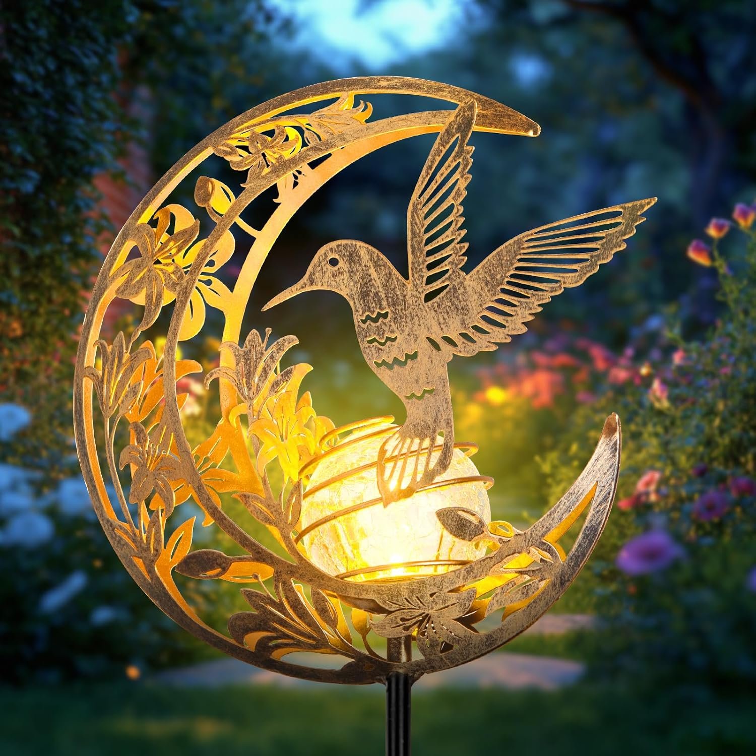 Solar Hummingbird Garden Gifts for mom/Grandma/Women,Lights Outdoor Decor – Moon & Bird SolaGardenLights Waterproof, Auto On/Off Pathway Lighting for Yard/Lawn/Patio,Thanksgiving Day