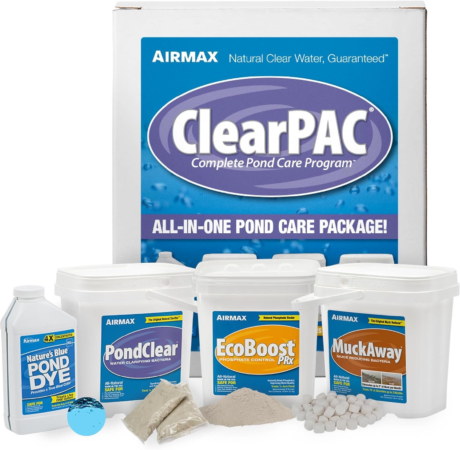 Airmax ClearPAC Plus Complete Pond Maintenance Kit Water Treatment 1/4 Acre | Natural treatment with live microbe sludge & muck reducer, phosphate control and pond dye for cleaner water