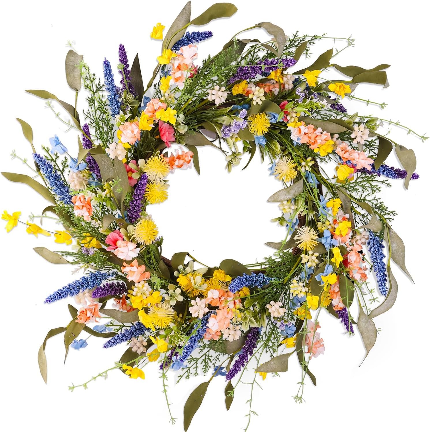 22″ Colorful Wildflower Spring Summer Wreath for Front Door Outdoor Décor | Bright Artificial Floral Door Wreath, Natural Looking Summer Decor for Home Porch Wedding Farmhouse Wall (Yellow)