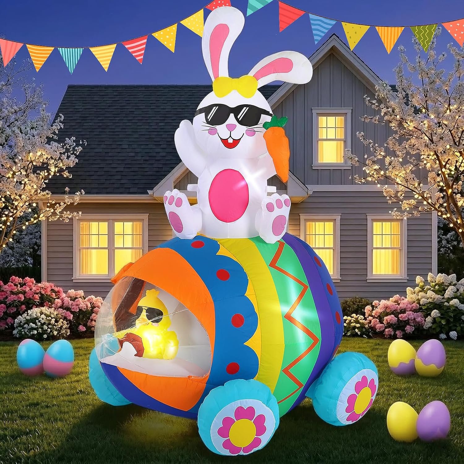 Elegear 5.9FT Easter Inflatable Bunny Driving Egg Car Outdoor Decoration, Lighted Bunny & Chick Blow Up Yard Decor for Lawn, Garden, Holiday Party & Spring Display
