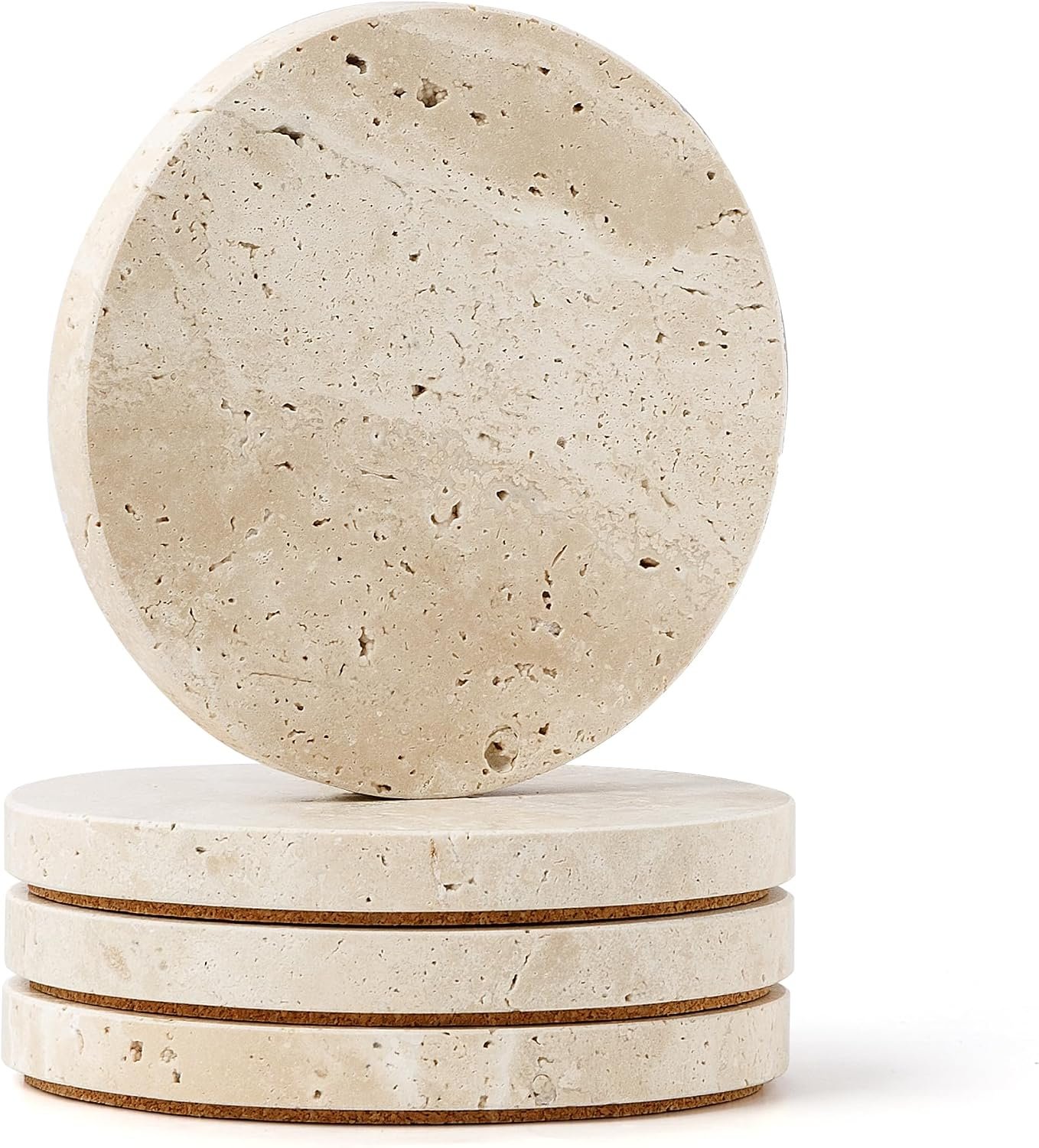 Natural Travertine Marble Coasters Set of 4-4″ Round Stone Drink Coasters, Non-Slip Cork Backing, Housewarming Gift, Wedding, Protect Tables from Stains & Scratches (BD140)