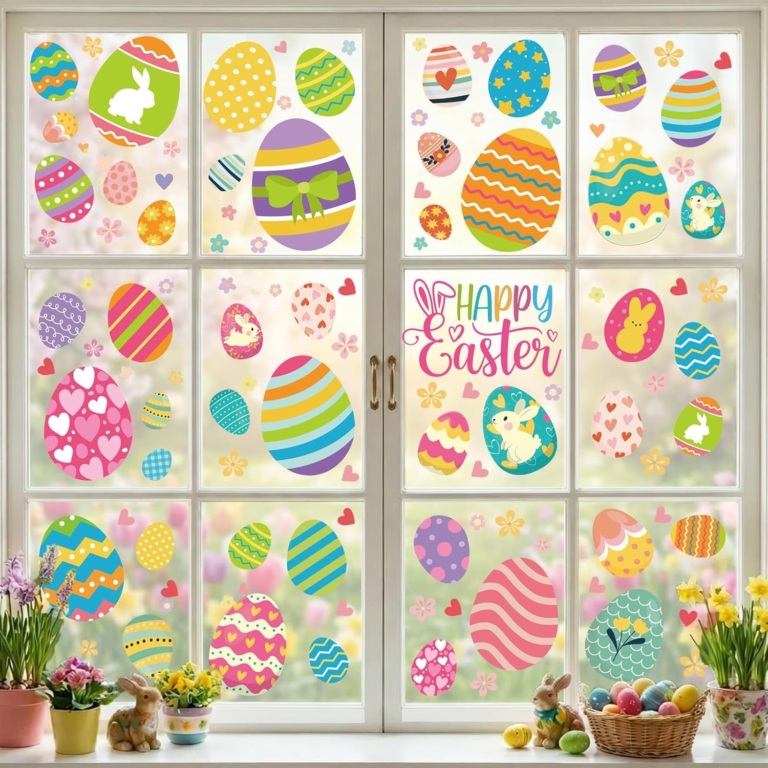 9 Sheets Easter Window Clings for Glass Windows Easter Decorations for Home | Easter Eggs Window Stickers, Happy Easter Decor for Parties, Bunny Rabbit Spring Summer Decals for Home, Office, Classroom