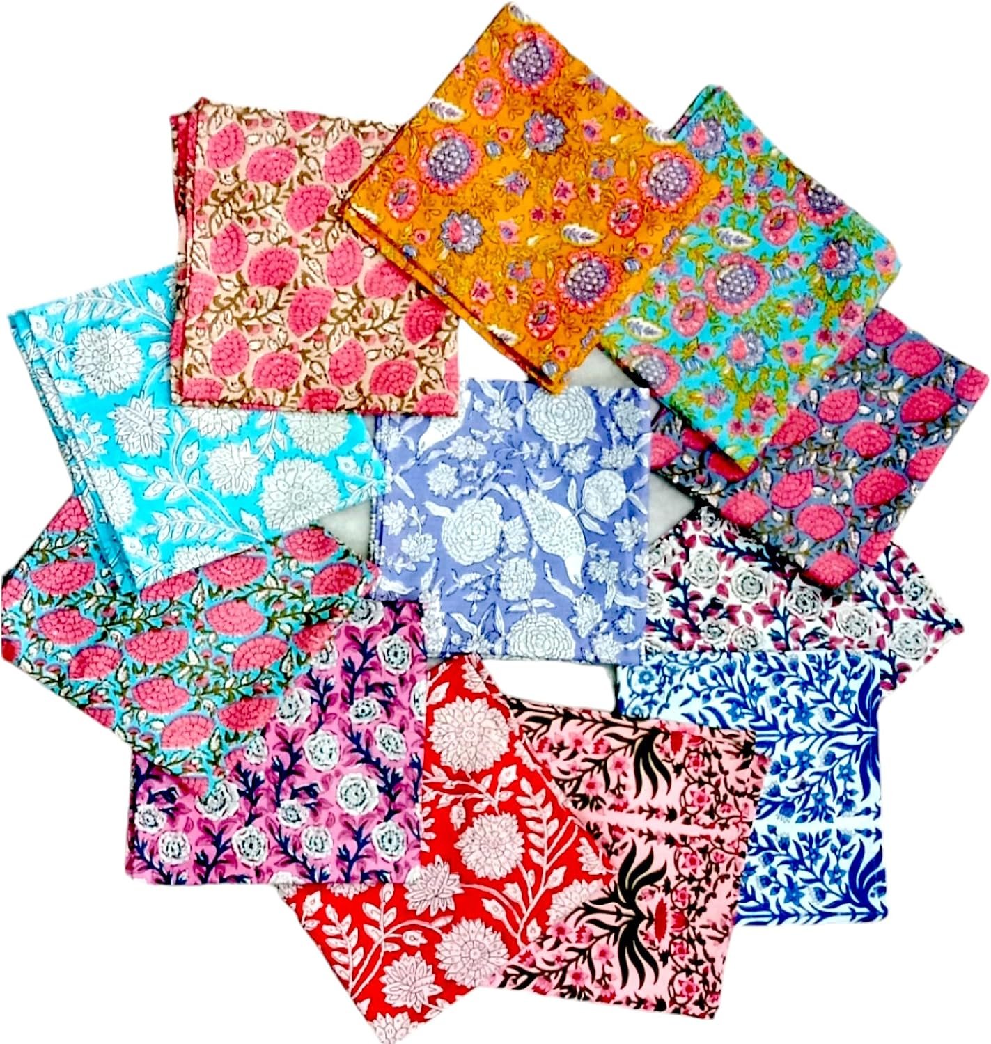 COTSILER Handblock Cotton Napkin Set, Multicolor, 18×18 Inch, Set of 12 | Premium, Floral Print, Handmade, For Dinner, Event, Thanksgiving