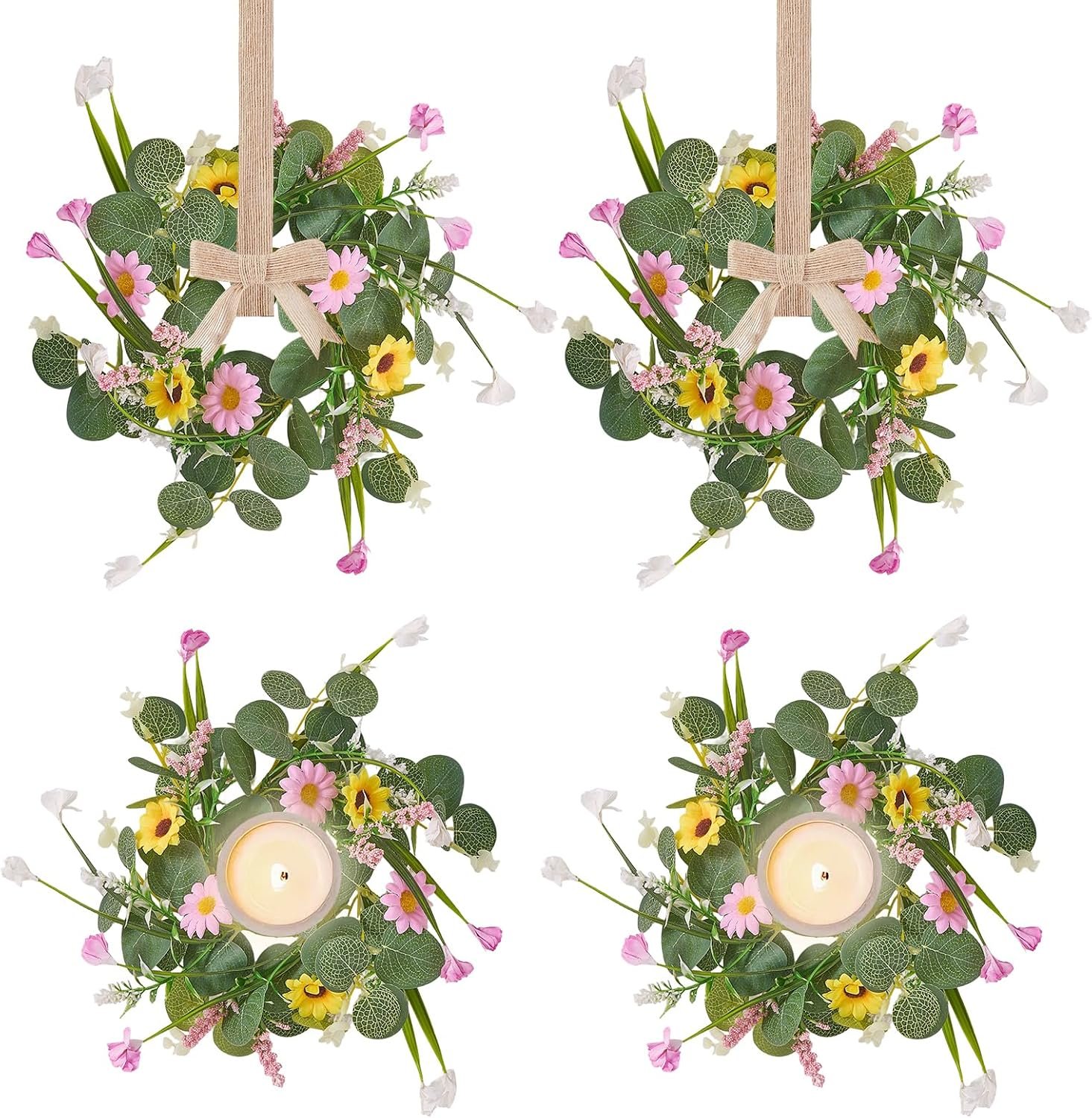 4Pcs Eucalyptus Wreath with Ribbon, 11.8″ Mini Wreaths for Cabinets | Small Artificial Fall Christmas Wreath for Kitchen Cabinets Indoor, Candle Rings with Eucalyptus Daisy, All Season Decor