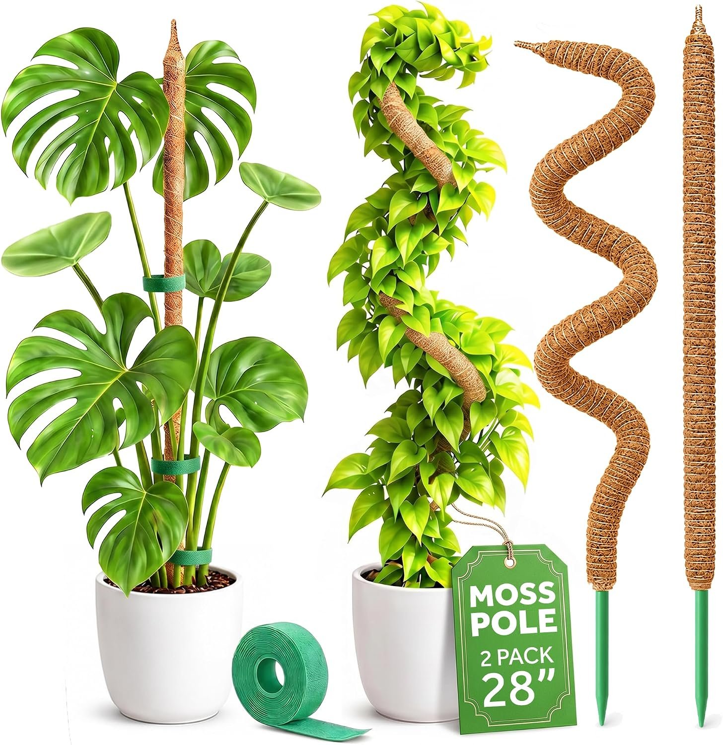 2 Pack 28” Bendable Moss Pole Monstera Plant Support for Climbing Indoor Plants – Stakes for Potted Climbers – Tall Sticks Indoor Trellis for Houseplants – Accessories for Monstera Pot